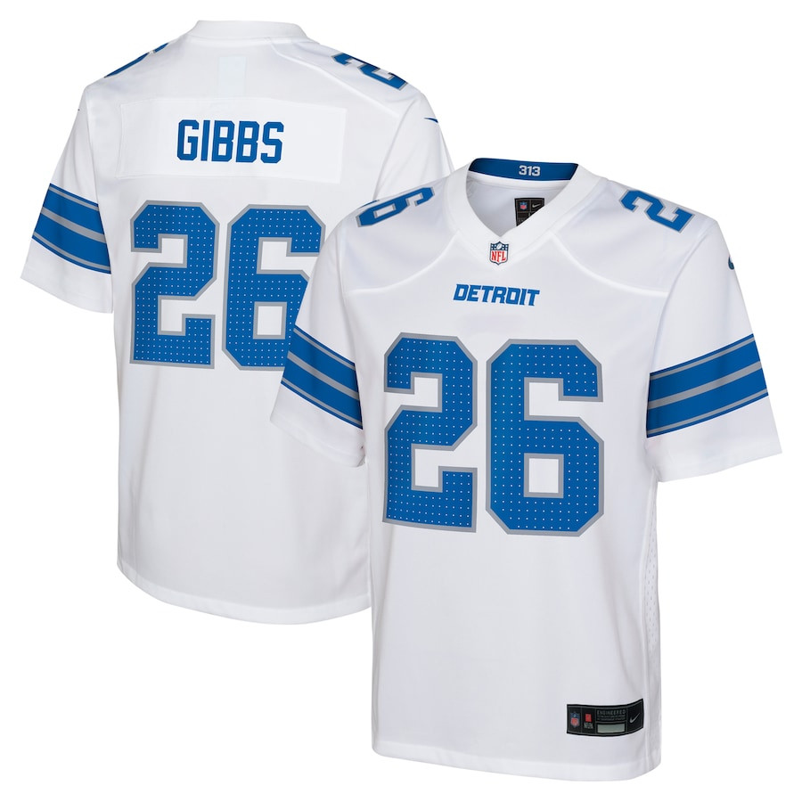 Jahmyr Gibbs 26 Detroit Lions Player Game White NFL Jersey Youth