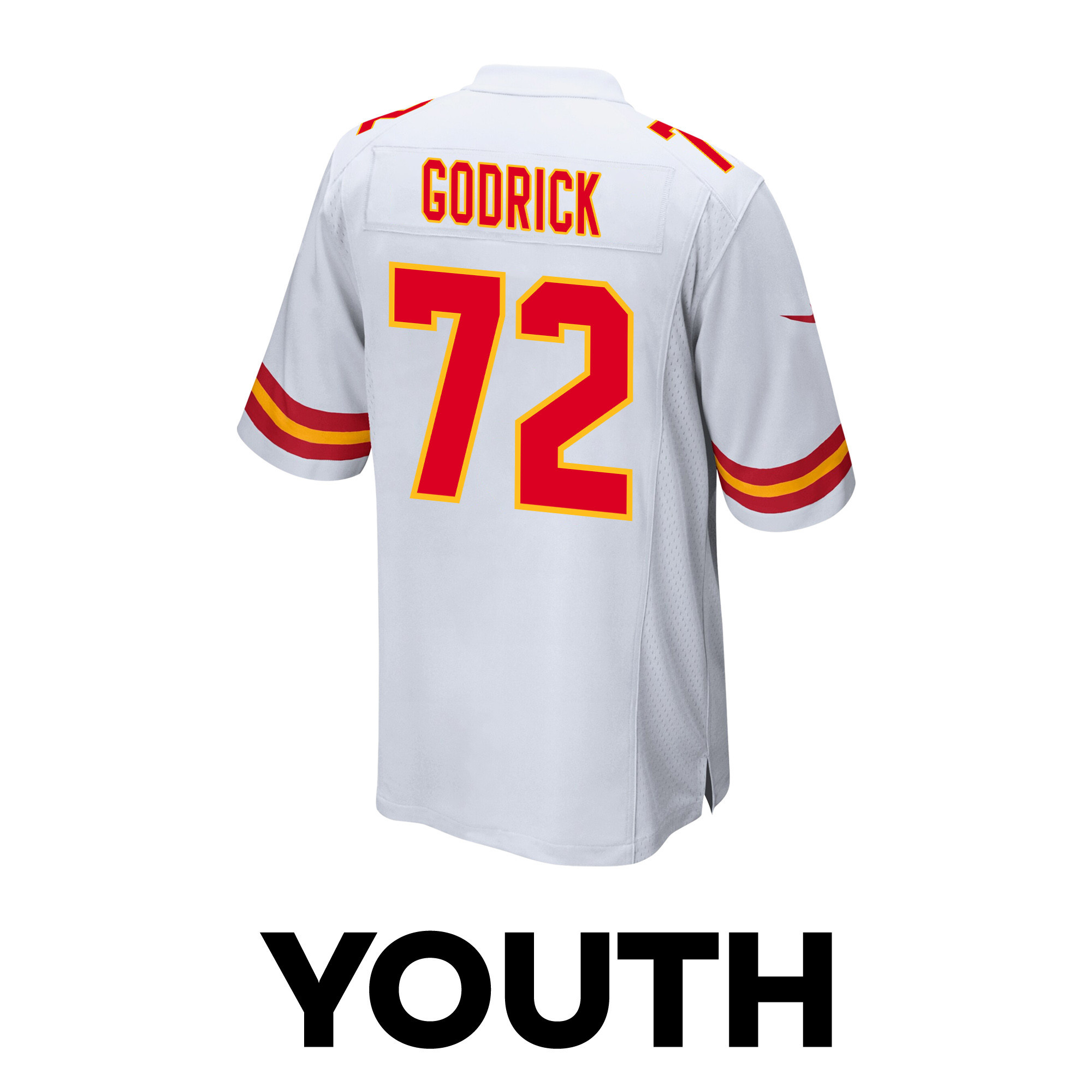 Chukwuebuka Godrick 72 Kansas City Chiefs Super Bowl LVIII Champions 4 Stars Patch Game White NFL Jersey Youth