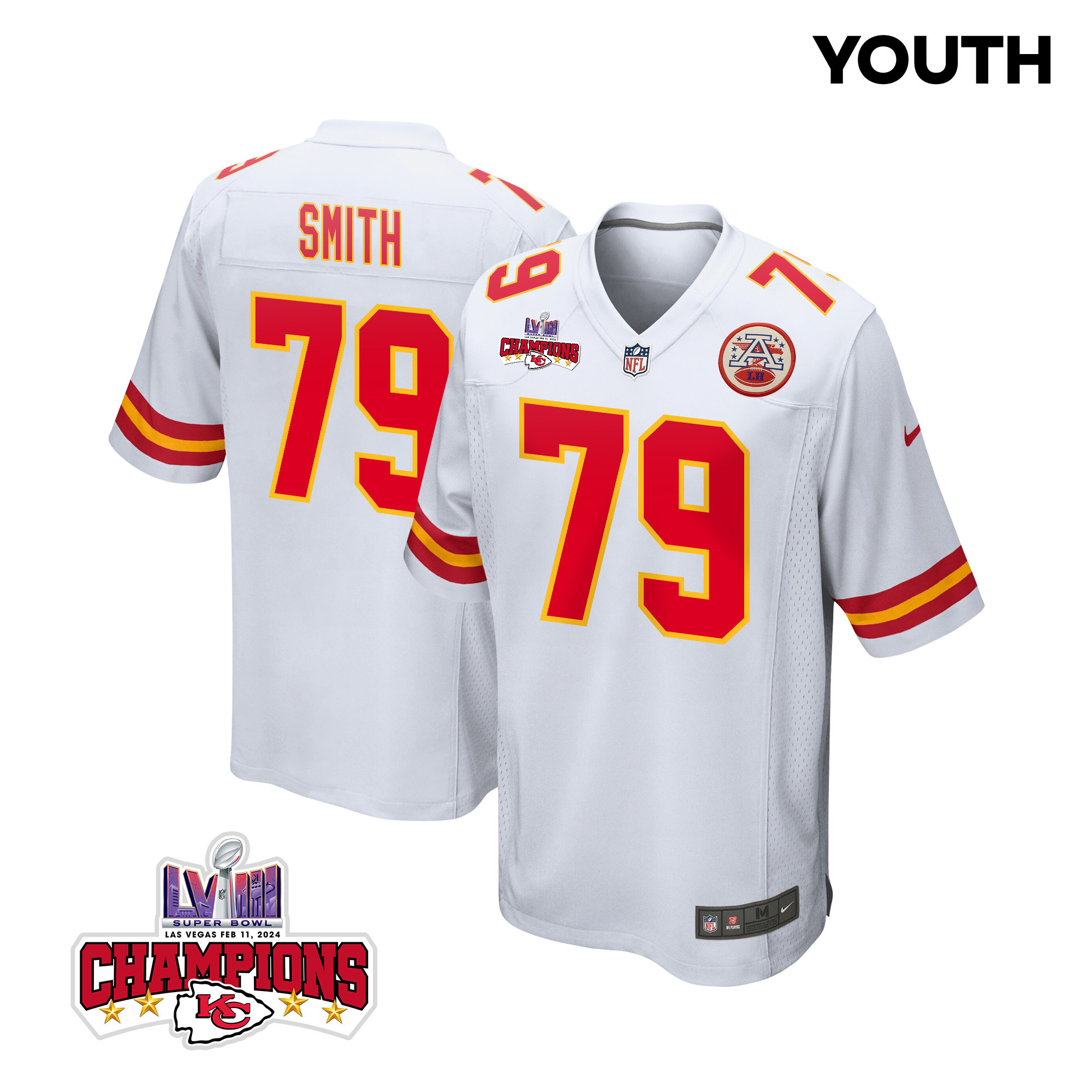 Donovan Smith 79 Kansas City Chiefs Super Bowl LVIII Champions 4 Stars Patch Game White NFL Jersey Youth