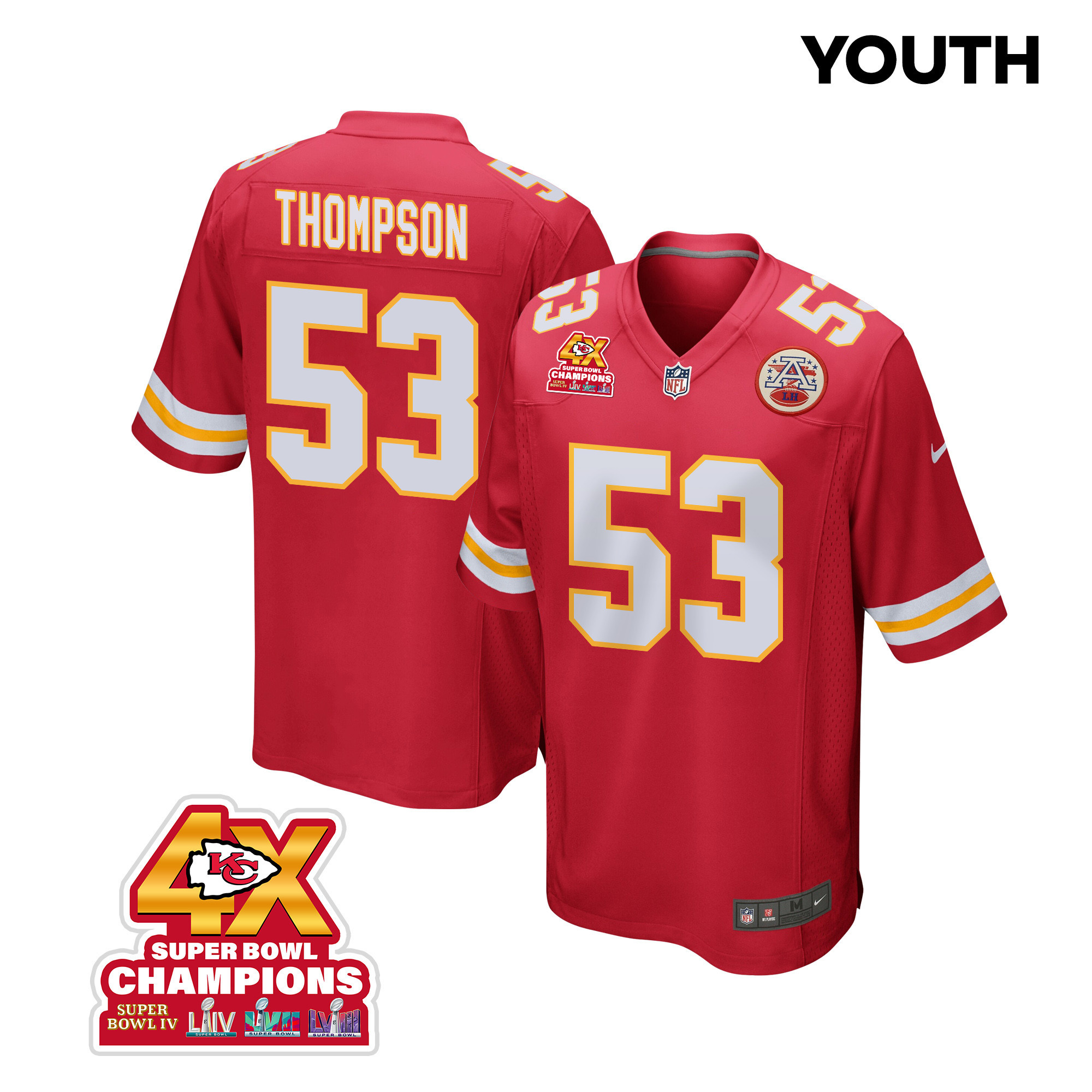 BJ Thompson 53 Kansas City Chiefs Super Bowl LVIII Champions 4X Game Red NFL Jersey Youth