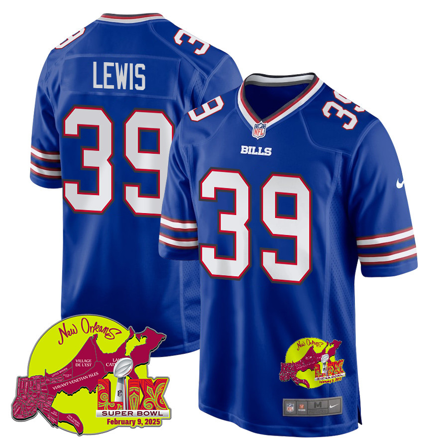 Cam Lewis 39 Buffalo Bills Super Bowl LIX New Orleans Patch Game Royal NFL Jersey Men's
