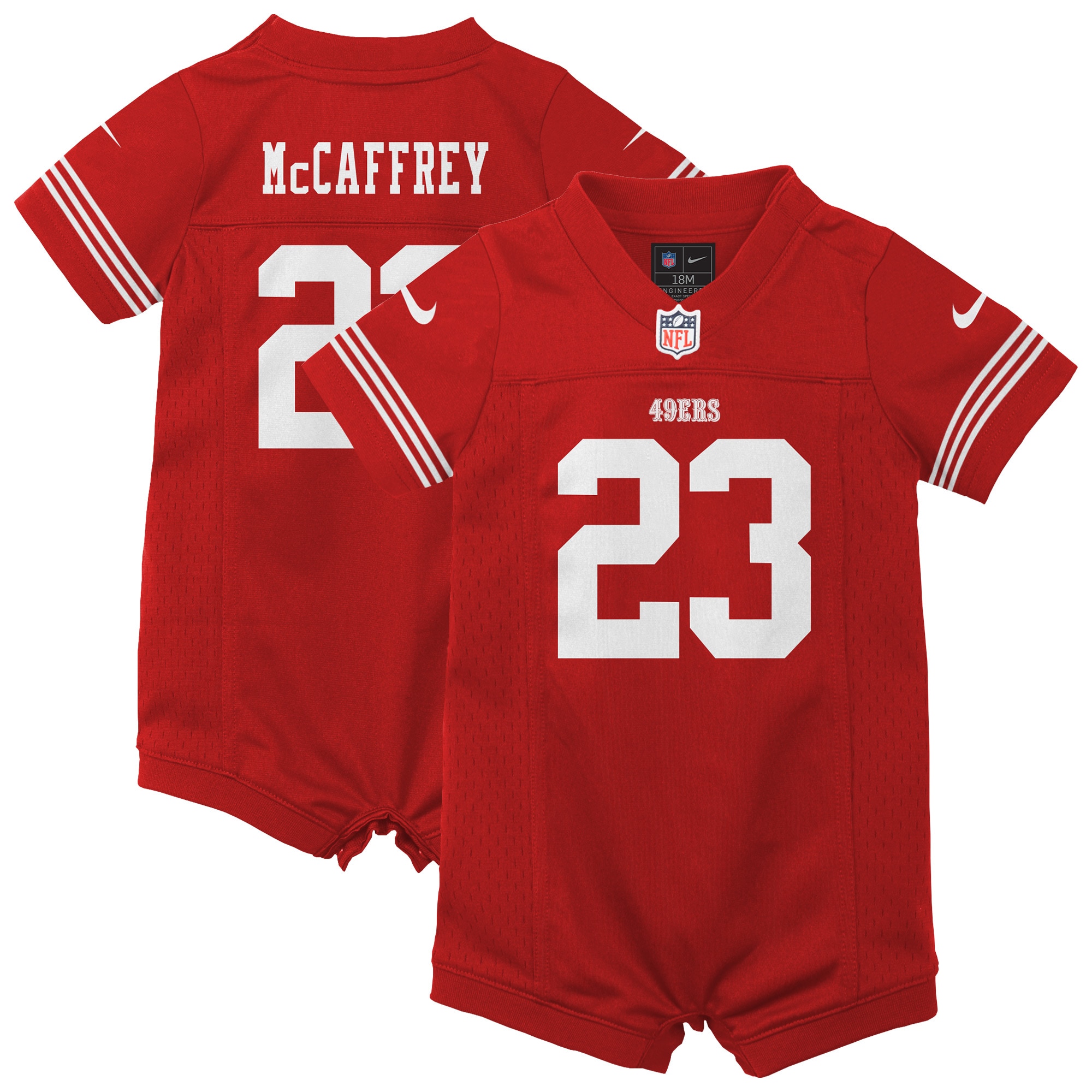 Newborn Infant San Francisco 49ers Christian McCaffrey Scarlet Game Romper NFL Jersey Men's