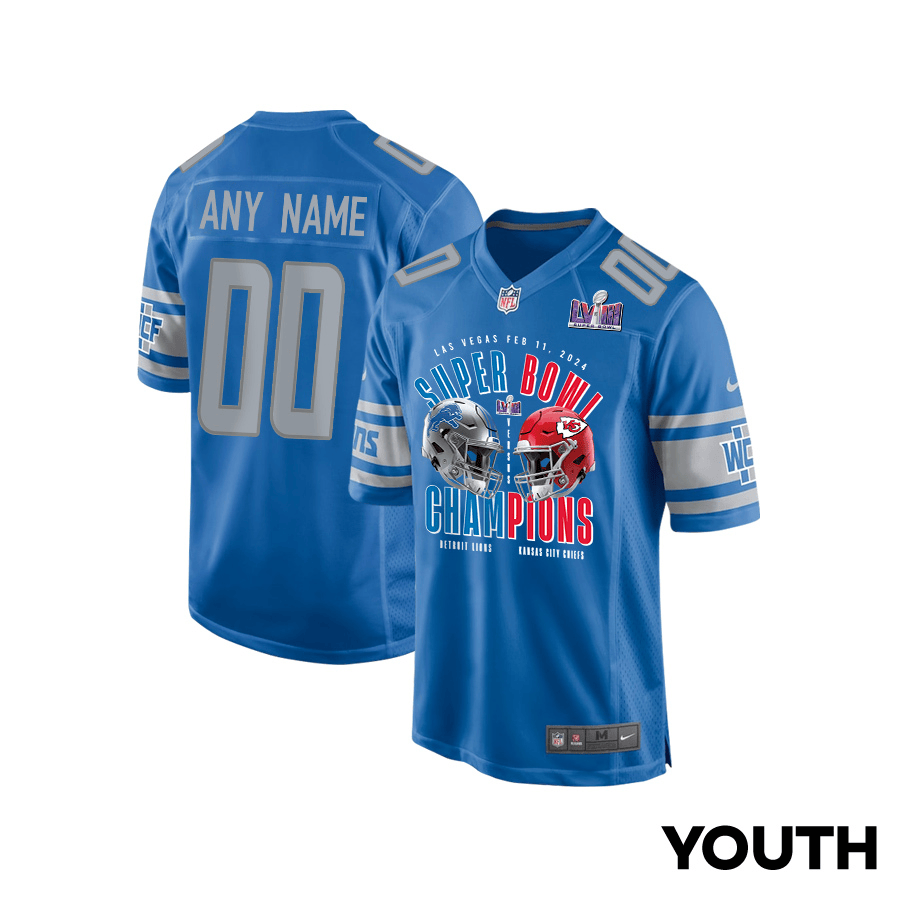 Detroit Lions vs. Kansas City Chiefs Super Bowl LVIII Matchup Game Custom Blue NFL Jersey Youth