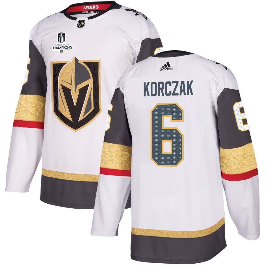 Kaedan Korczak 6 Vegas Golden Knights Stanley Cup 2023 Champions Patch Away Breakaway White NHL Jersey Men's