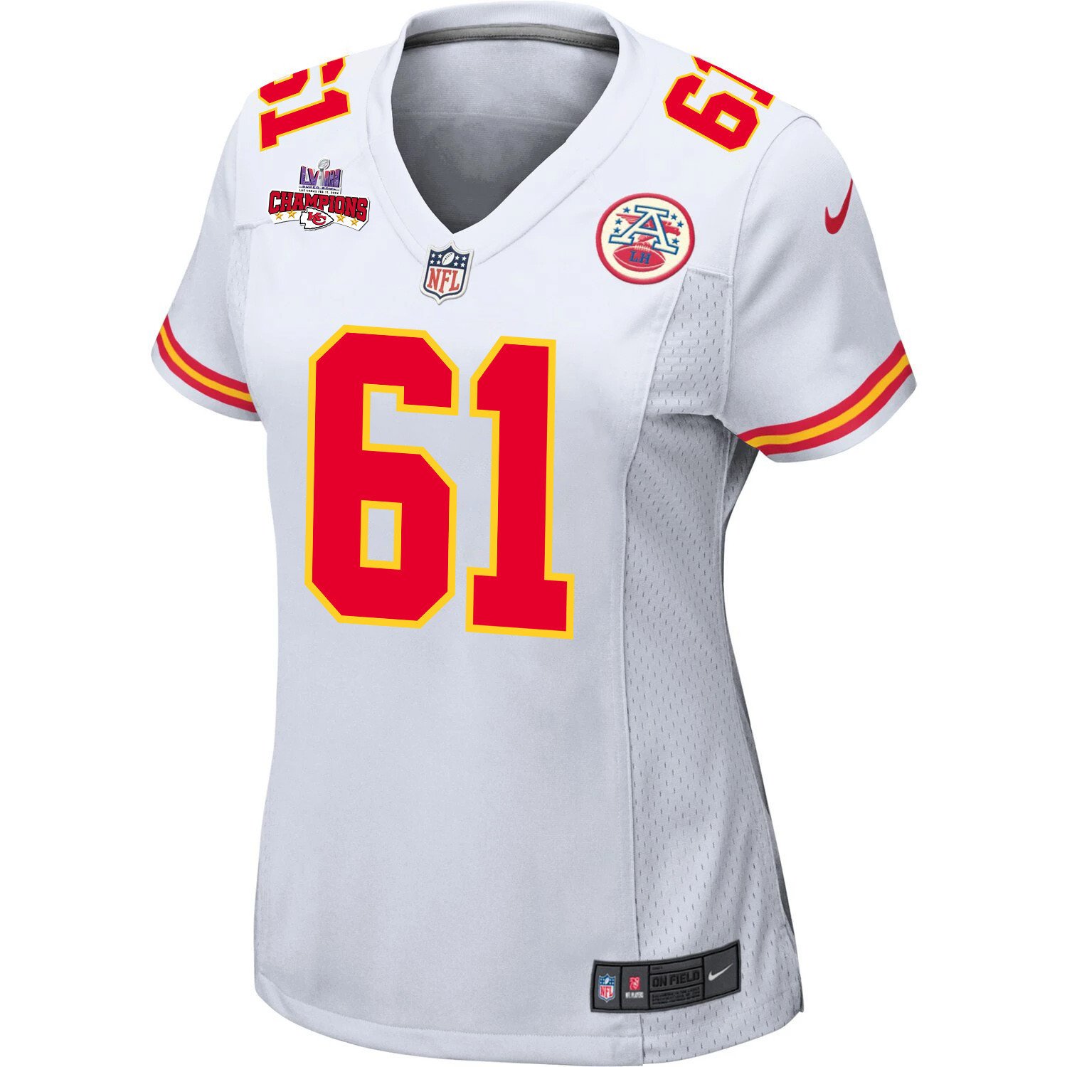 Austin Reiter 61 Kansas City Chiefs Super Bowl LVIII Champions 4 Stars Patch Game White NFL Jersey Women's