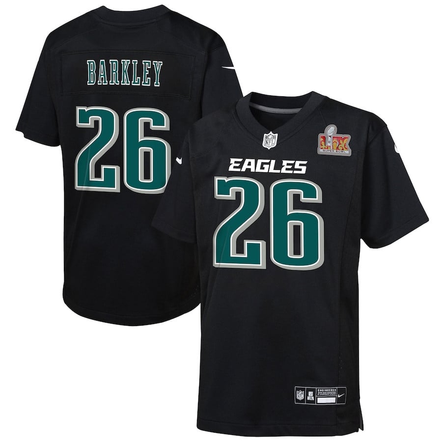 Saquon Barkley 26 Philadelphia Eagles Super Bowl LIX Patch Fashion Game Player Carbon Black NFL Jersey Youth