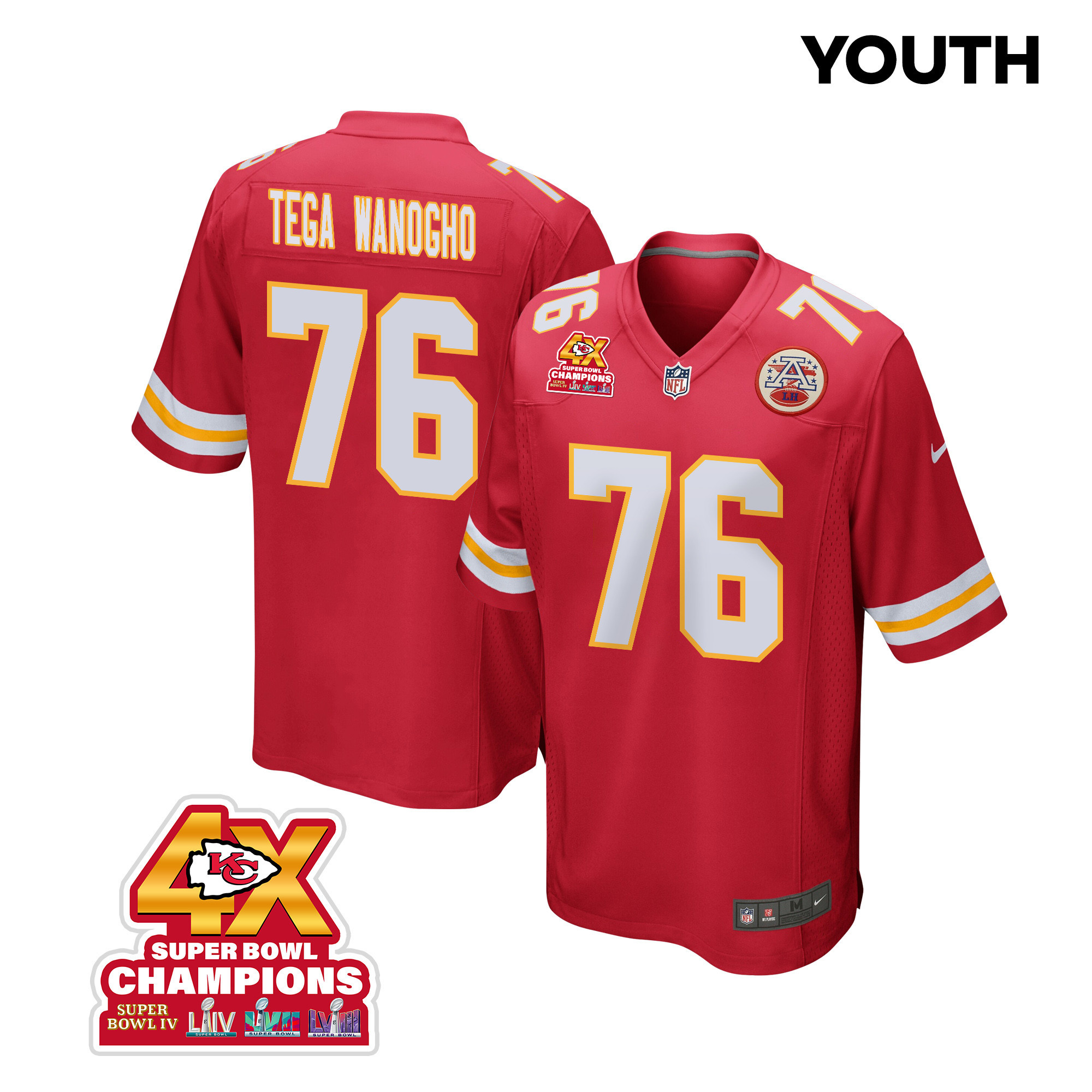 Prince Tega Wanogho 76 Kansas City Chiefs Super Bowl LVIII Champions 4X Game Red NFL Jersey Youth