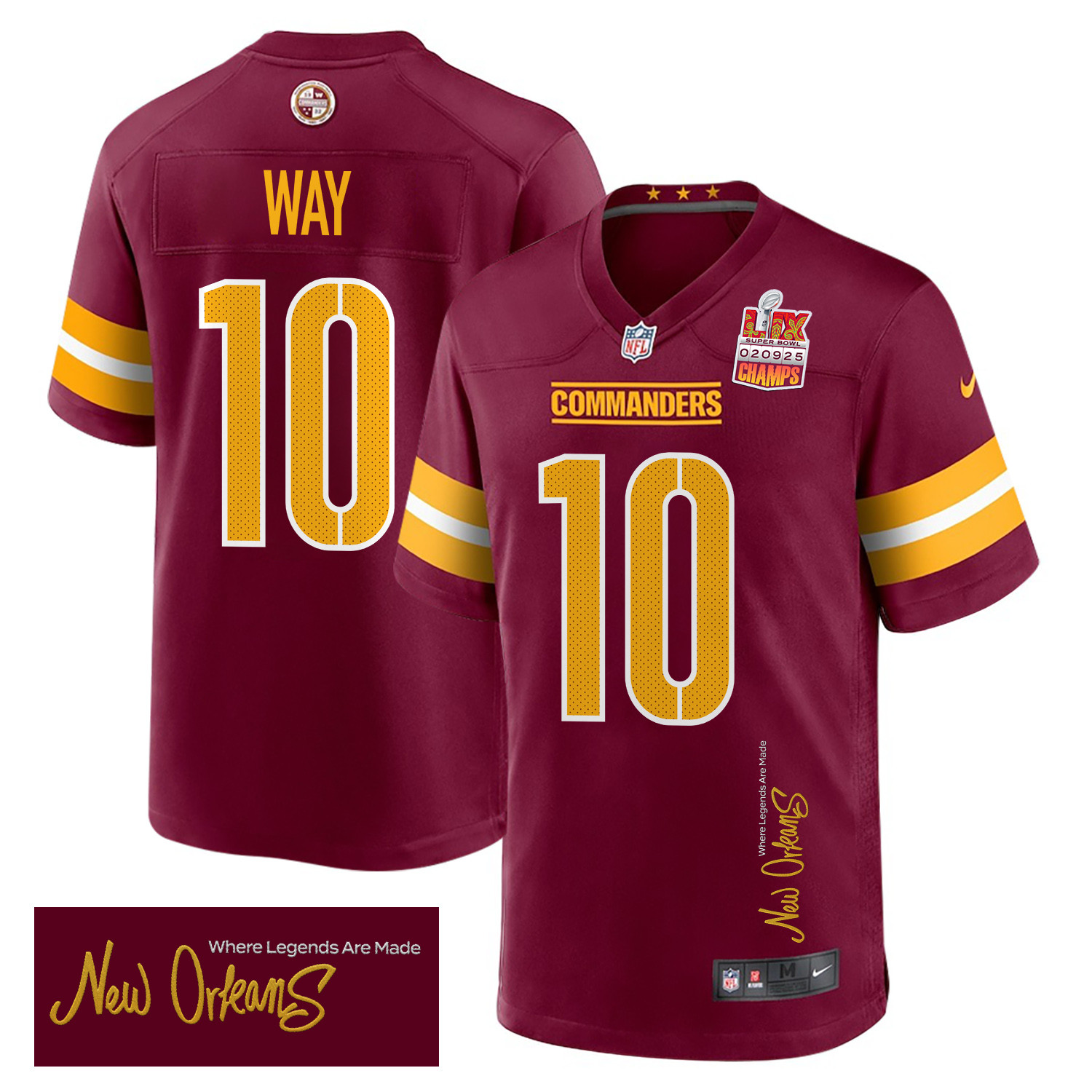 Tress Way 10 Washington Commanders Super Bowl LIX Champions Patch New Orleans Where Legends Are Made' EMBROIDERED Game Burgundy NFL Jersey Men's