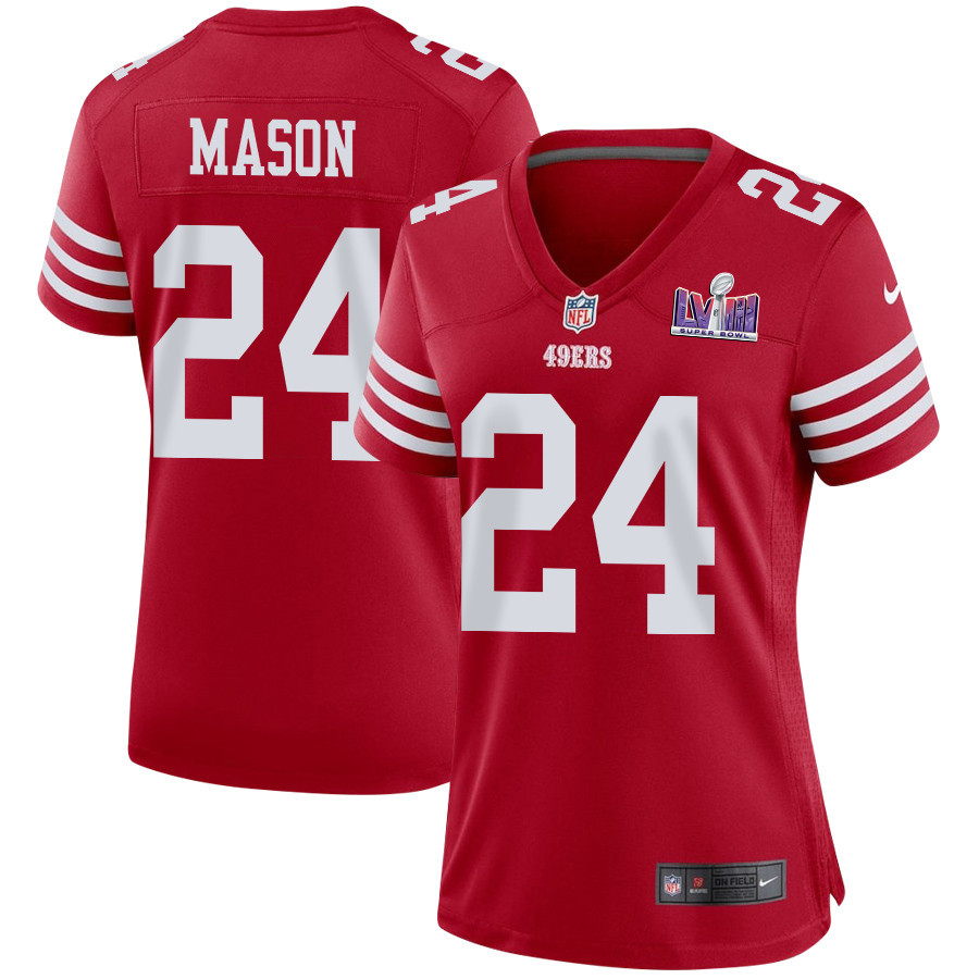 Jordan Mason 24 San Francisco 49ers Super Bowl LVIII Patch Game Scarlet NFL Jersey Women's