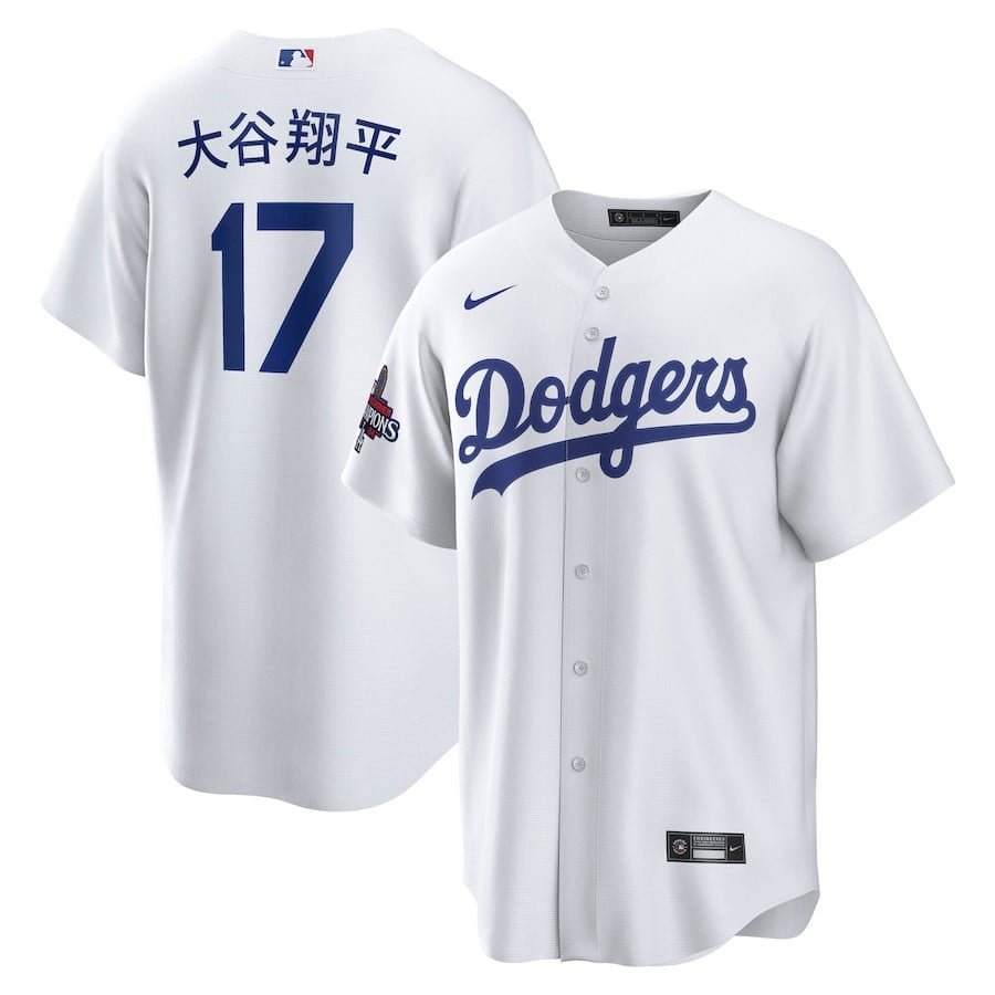 Shohei Ohtani 17 Los Angeles Dodgers 2024 World Series Champions Home Japanese Characters Player White MLB Jersey Men's