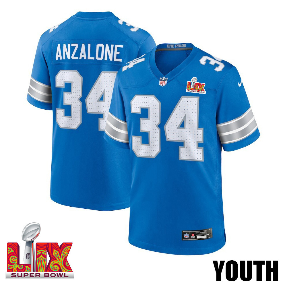 Alex Anzalone #34 Detroit Lions Super Bowl LIX Blue NFL Jersey Youth
