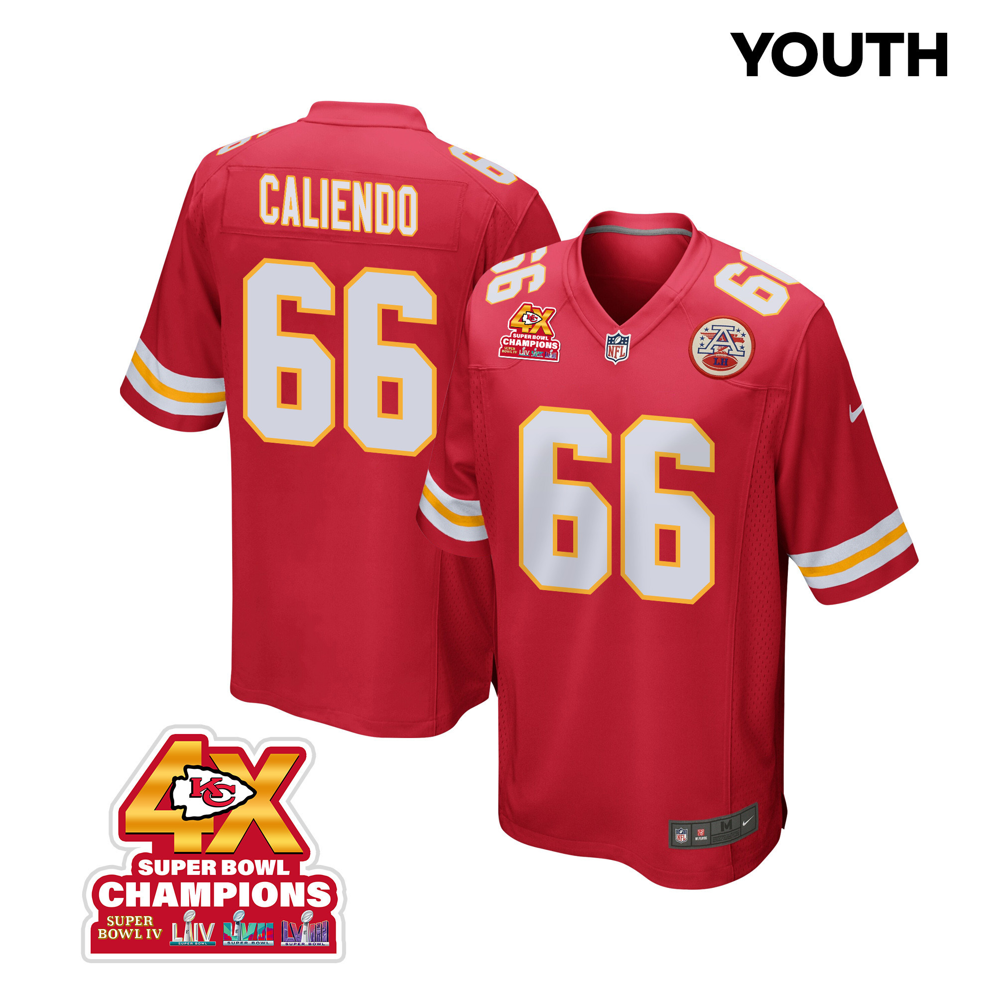 Mike Caliendo 66 Kansas City Chiefs Super Bowl LVIII Champions 4X Game Red NFL Jersey Youth