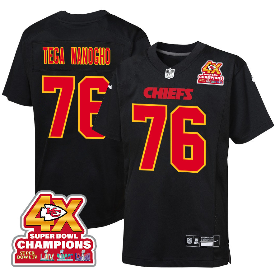 Prince Tega Wanogho 76 Kansas City Chiefs Super Bowl LVIII Champions 4X Fashion Game Carbon Black NFL Jersey Youth