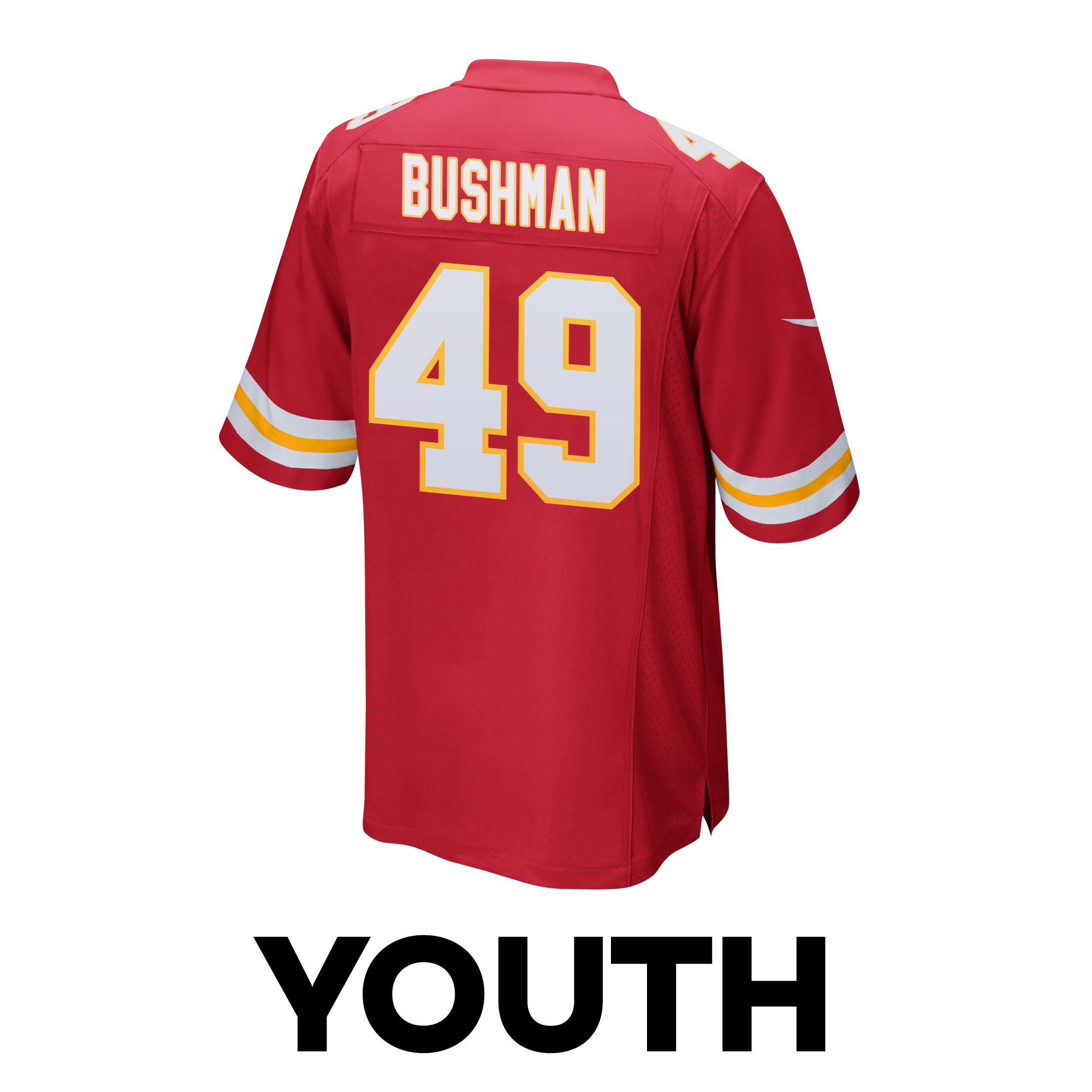 Matt Bushman 49 Kansas City Chiefs Super Bowl LVIII Champions 4 Stars Patch Game Red NFL Jersey Youth