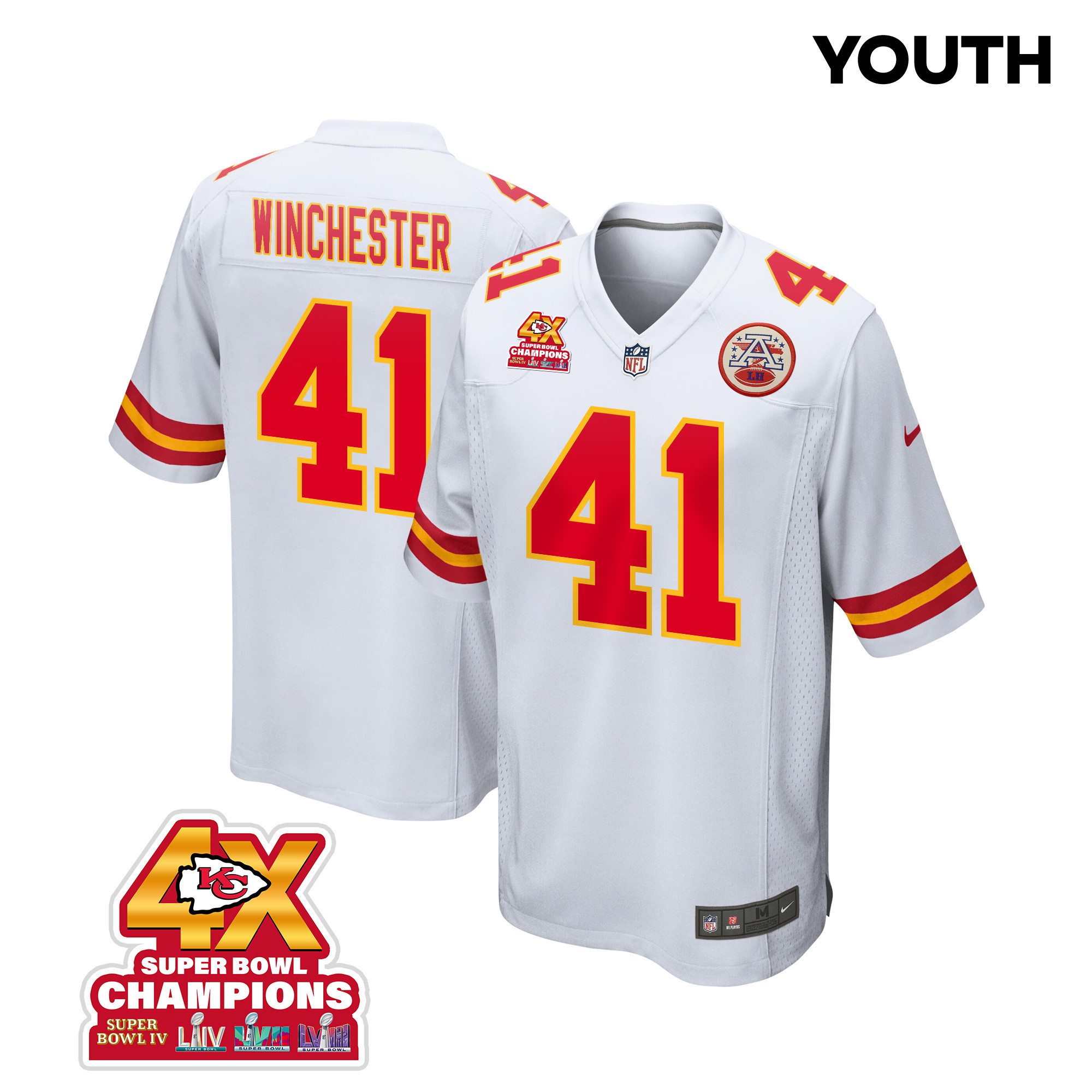 James Winchester 41 Kansas City Chiefs Super Bowl LVIII Champions 4X Game White NFL Jersey Youth