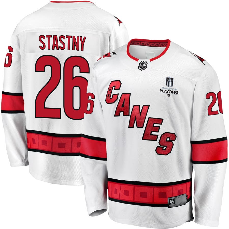 Paul Stastny 26 Carolina Hurricanes Stanley Cup 2023 Playoffs Patch Away Breakaway White NHL Jersey Men's