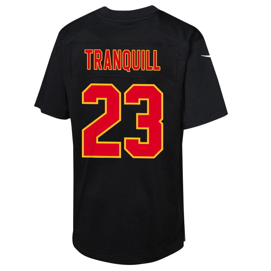 Drue Tranquill 23 Kansas City Chiefs Super Bowl LVIII Champions 4X Fashion Game Carbon Black NFL Jersey Youth