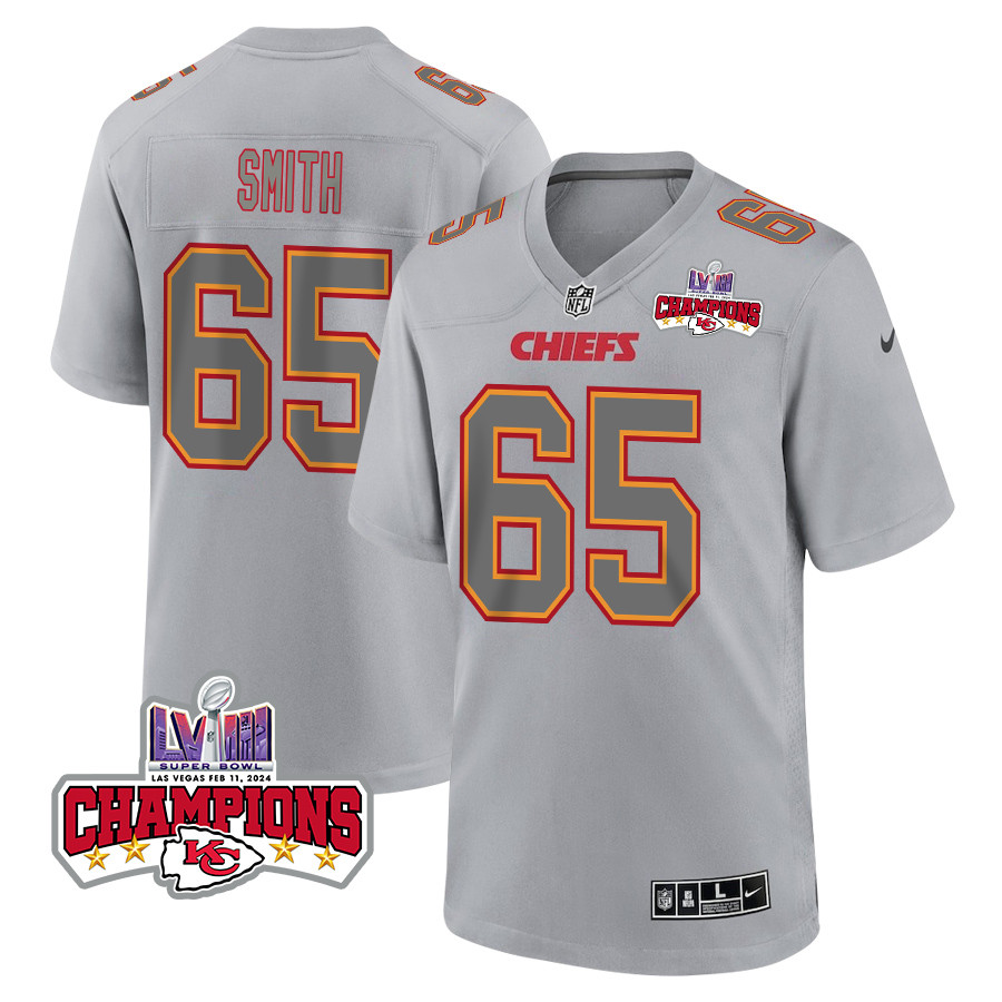 Trey Smith 65 Kansas City Chiefs Super Bowl LVIII Champions 4 Stars Patch Atmosphere Fashion Game Gray NFL Jersey Men's