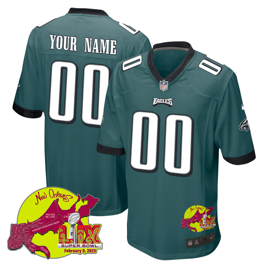 Philadelphia Eagles Super Bowl LIX New Orleans Patch Game Custom Midnight Green NFL Jersey Men's
