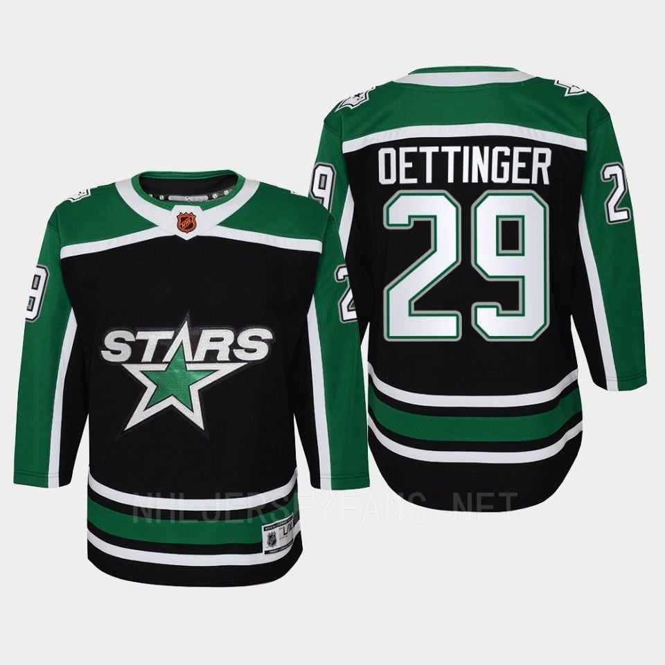 Dallas Stars 29 Jake Oettinger Reverse Retro Black Equipment, NHL Jersey Youth
