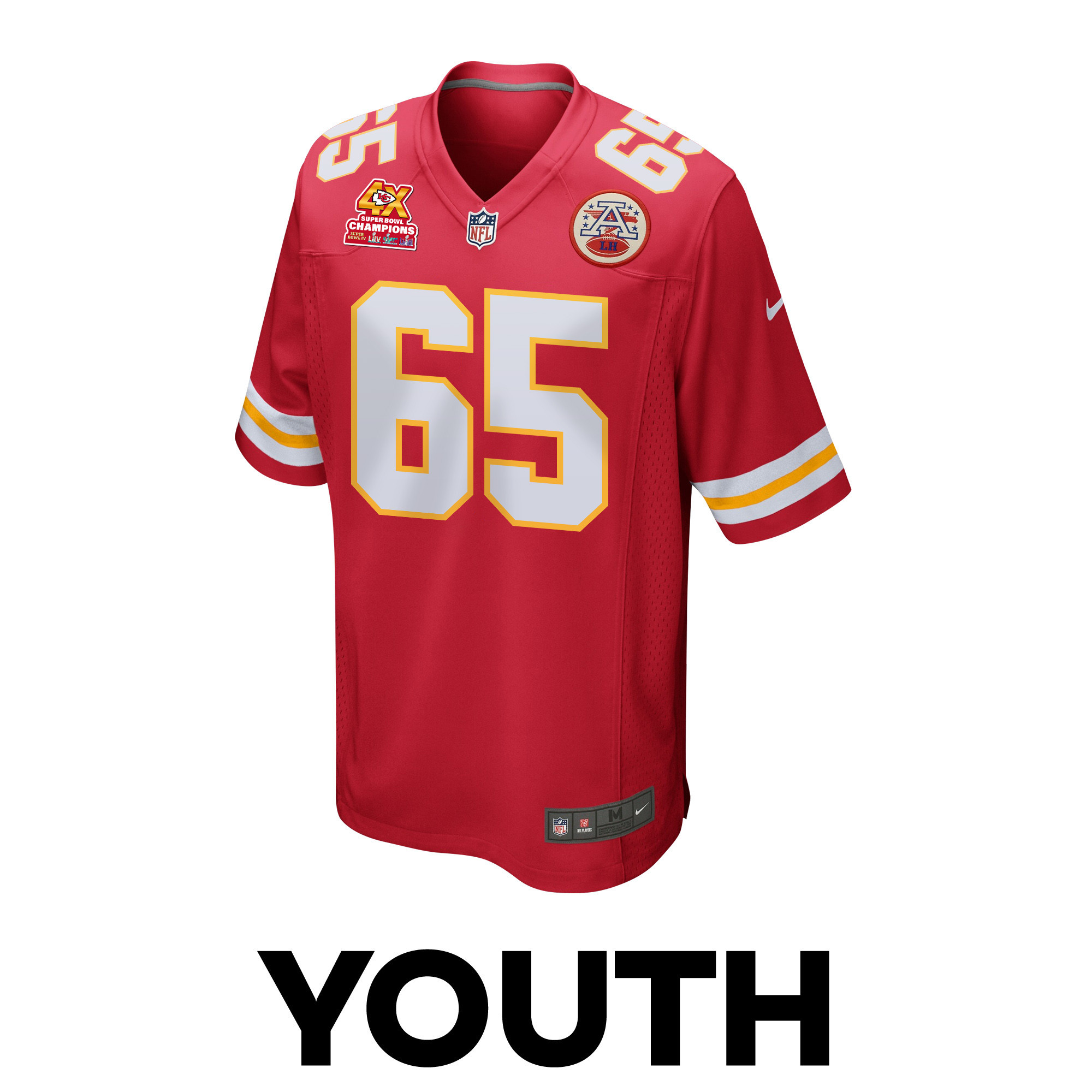 Trey Smith 65 Kansas City Chiefs Super Bowl LVIII Champions 4X Game Red NFL Jersey Youth