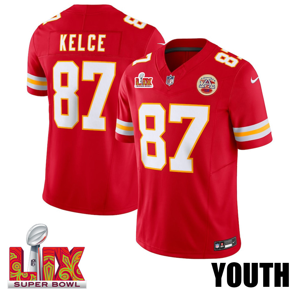 Travis Kelce #87 Kansas City Chiefs Super Bowl LIX Red NFL Jersey Youth