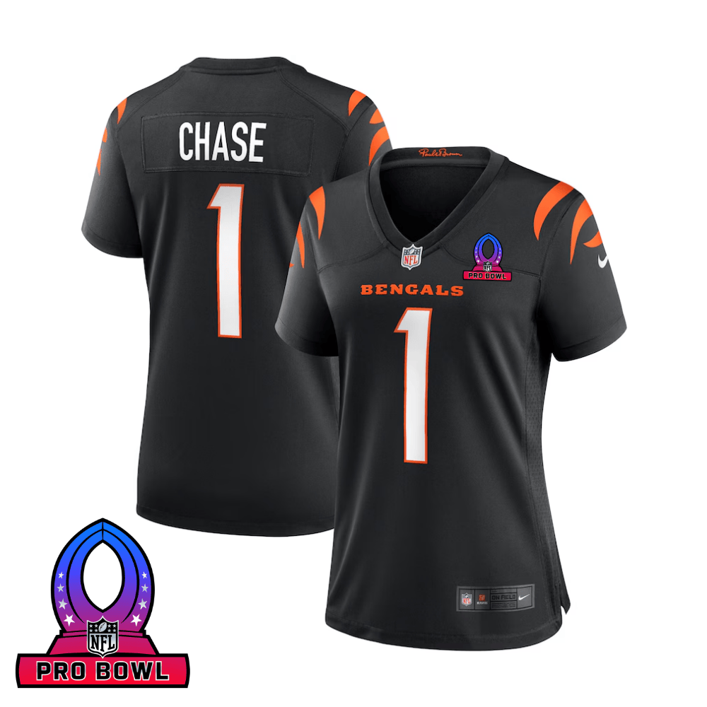 Ja'Marr Chase 1 Cincinnati Bengals 2025 Pro Bowl Patch Game Black NFL Jersey Women's