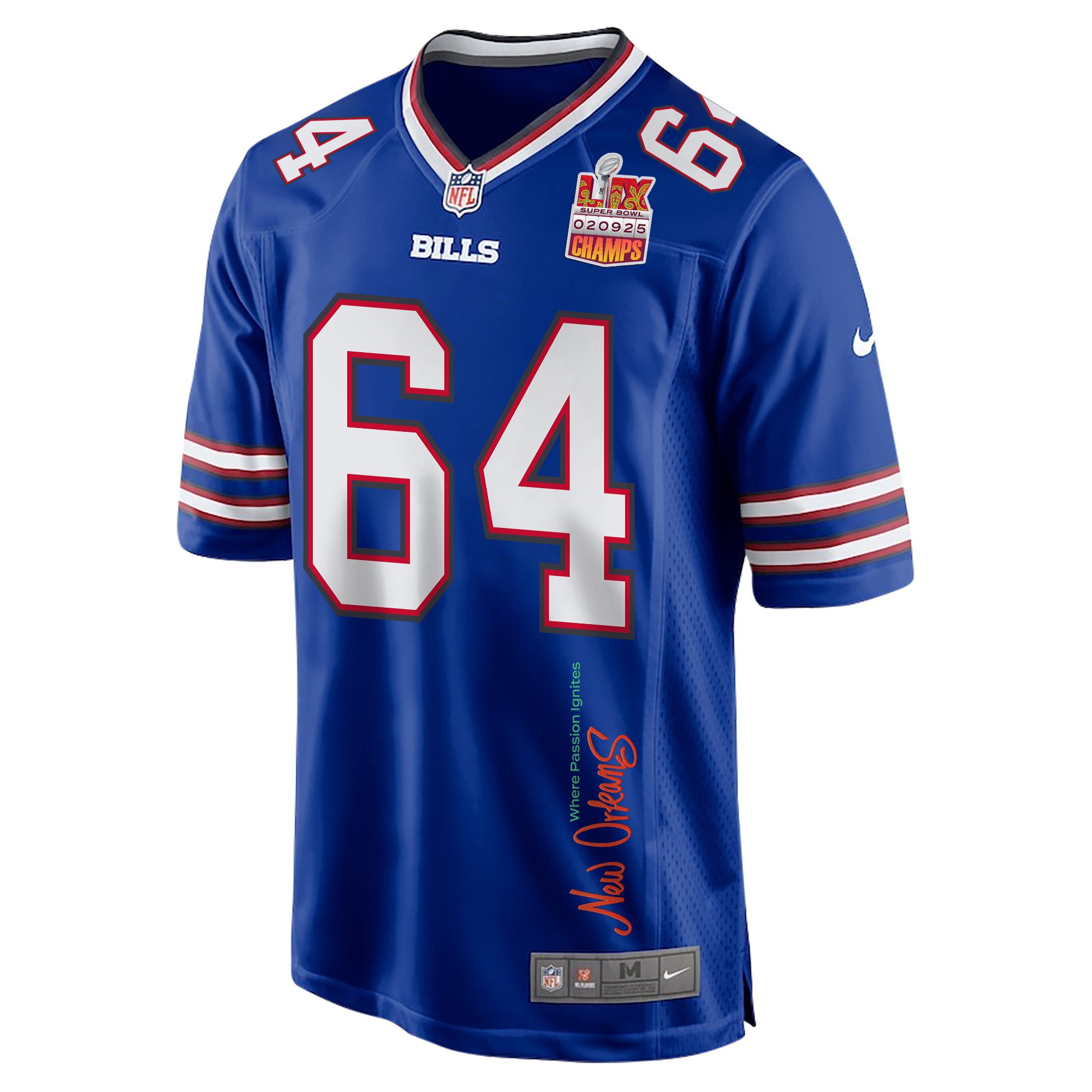 O'Cyrus Torrence 64 Buffalo Bills Super Bowl LIX Champions Patch New Orleans Where Passion Ignites' EMBROIDERED Game Royal NFL Jersey Men's