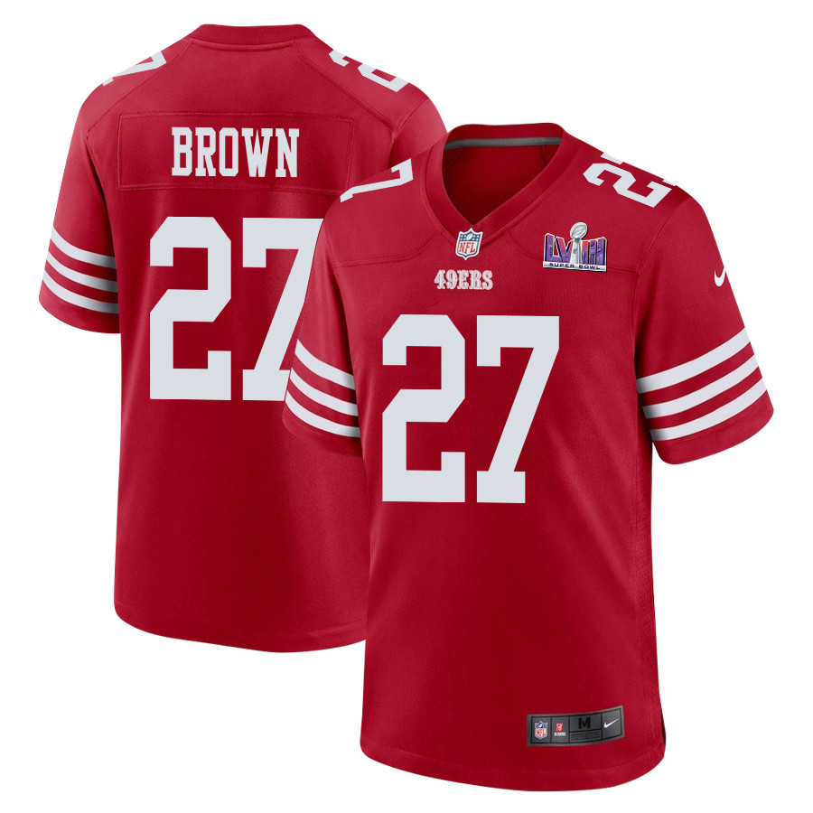 Ji'Ayir Brown 27 San Francisco 49ers Super Bowl LVIII Patch Game Scarlet NFL Jersey Men's