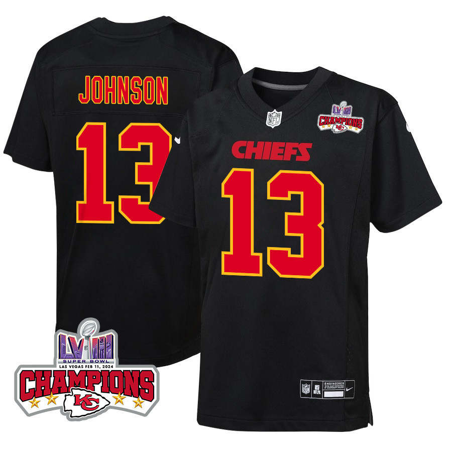 Nazeeh Johnson 13 Kansas City Chiefs Super Bowl LVIII Champions 4 Stars Patch Fashion Game Carbon Black NFL Jersey Youth