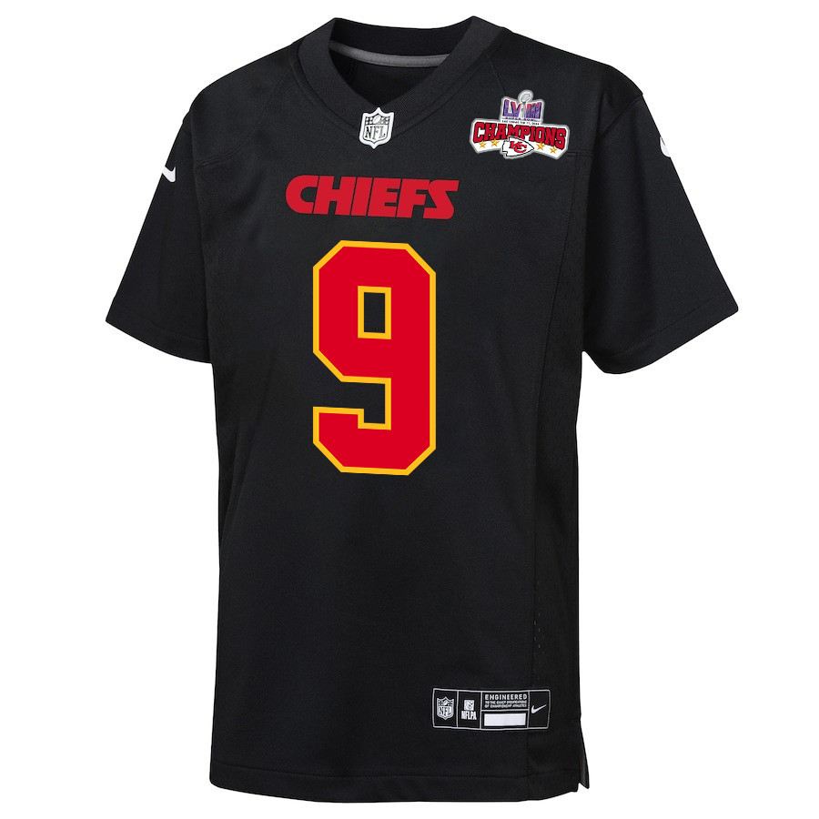 Blaine Gabbert 9 Kansas City Chiefs Super Bowl LVIII Champions 4 Stars Patch Fashion Game Carbon Black NFL Jersey Youth