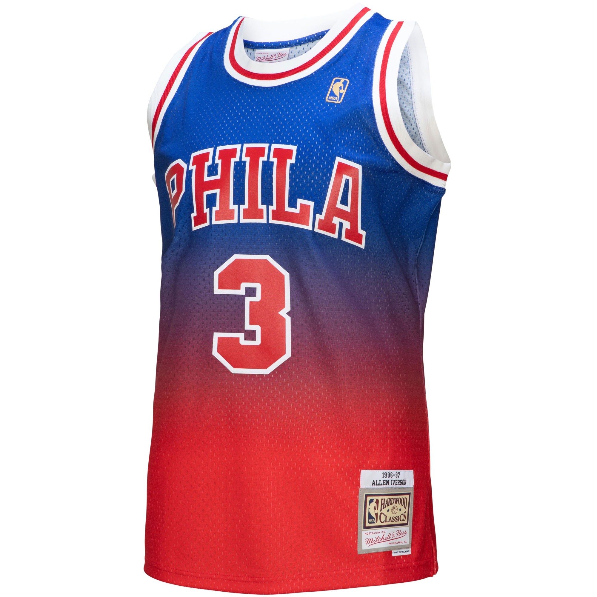 Mitchell Ness Allen Iverson Red/Royal Philadelphia 76ers 1996/97 Hardwood Classics Fadeaway Swingman Player NBA Jersey Men's