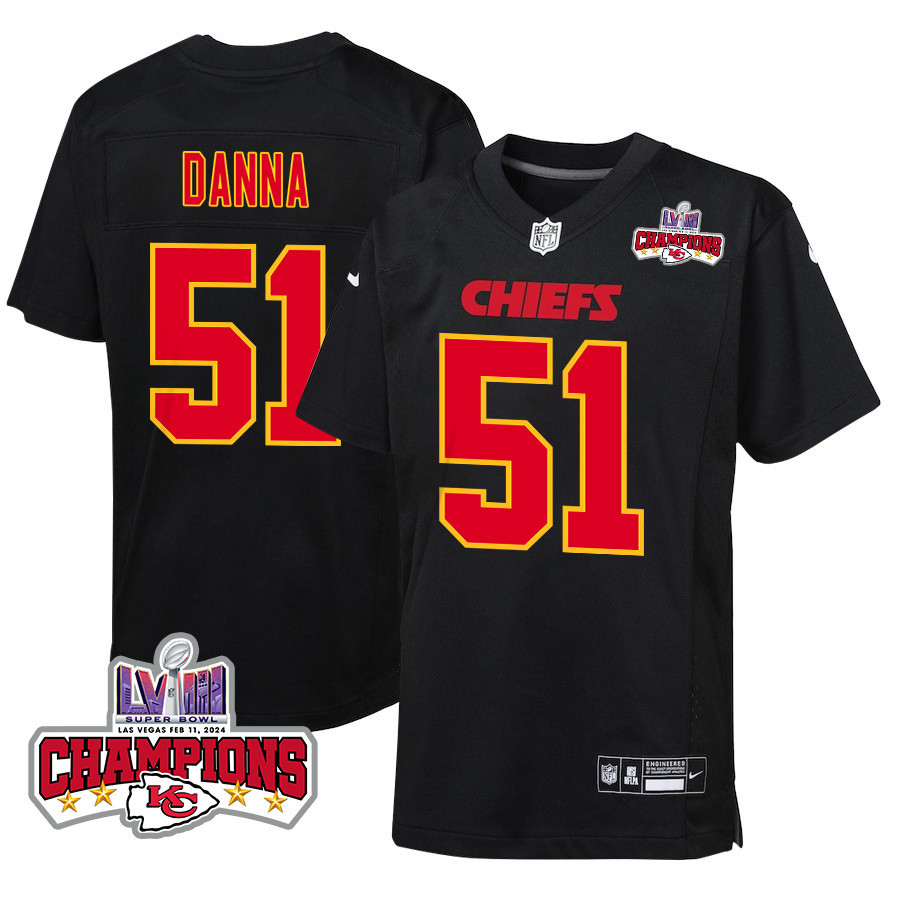 Mike Danna 51 Kansas City Chiefs Super Bowl LVIII Champions 4 Stars Patch Fashion Game Carbon Black NFL Jersey Youth