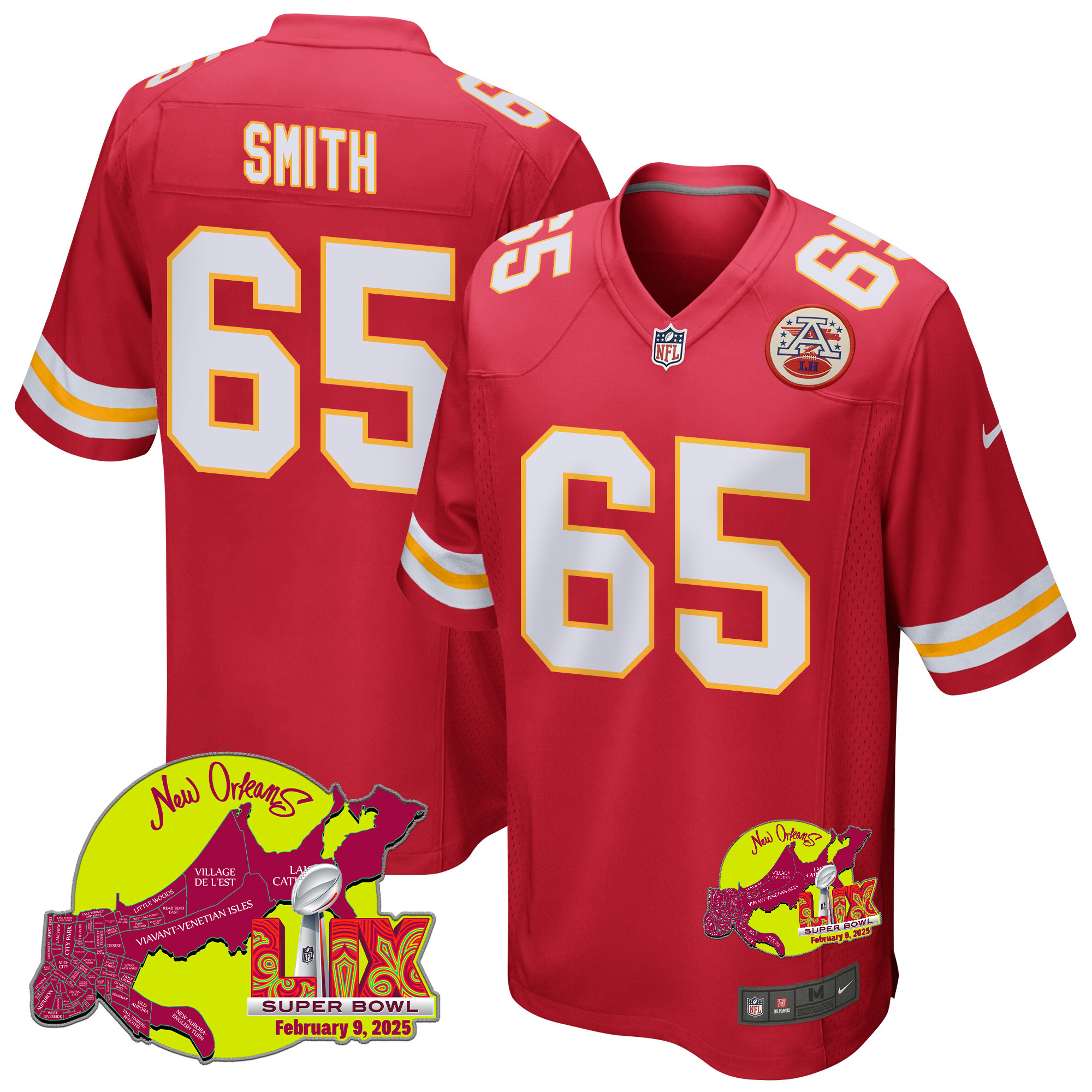 Trey Smith 65 Kansas City Chiefs Super Bowl LIX New Orleans Patch Game Red NFL Jersey Men's