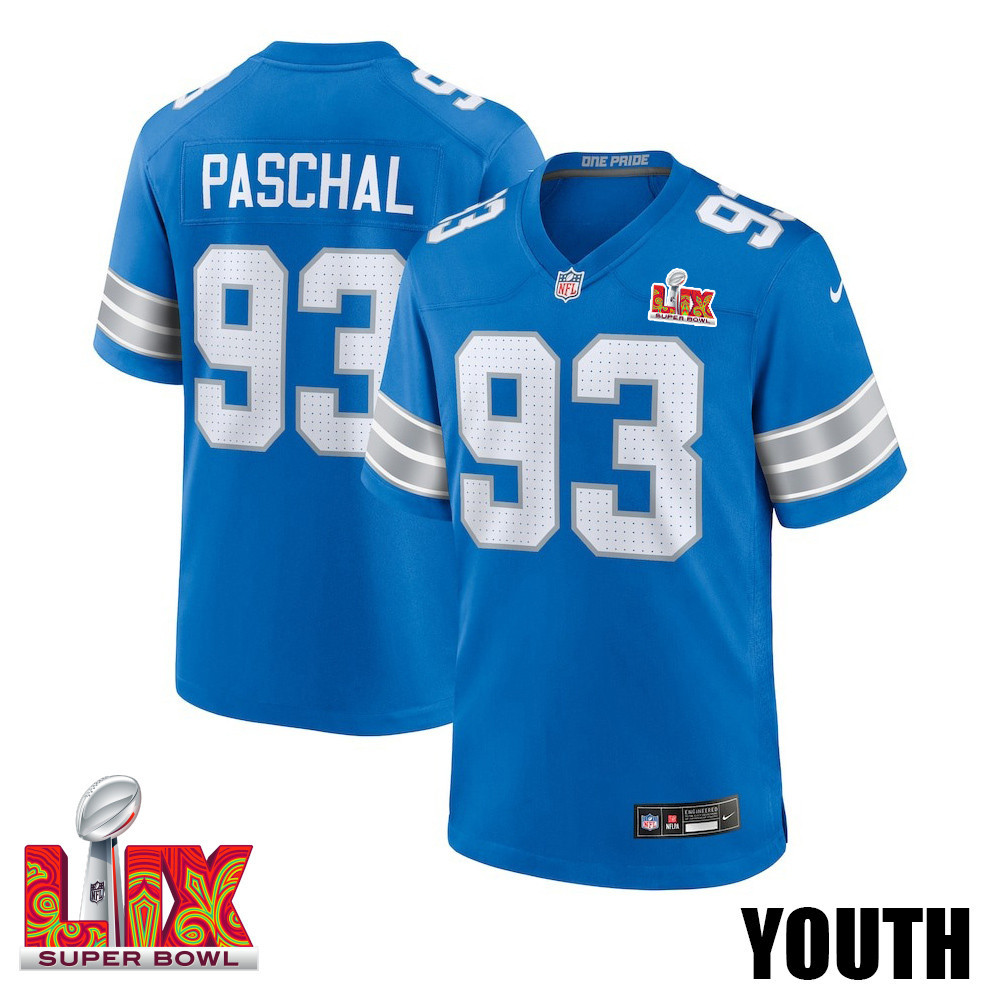 Josh Paschal #93 Detroit Lions Super Bowl LIX Blue NFL Jersey Youth