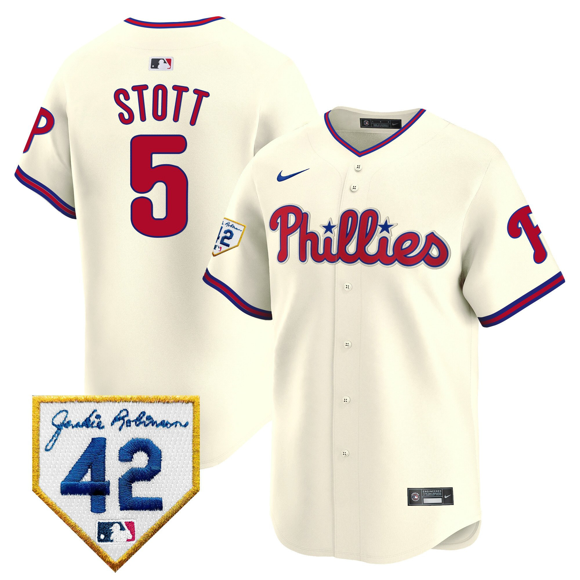 Bryson Stott 5 Philadelphia Phillies 2024 Jackie Robinson Patch Cream MLB Jersey Men's