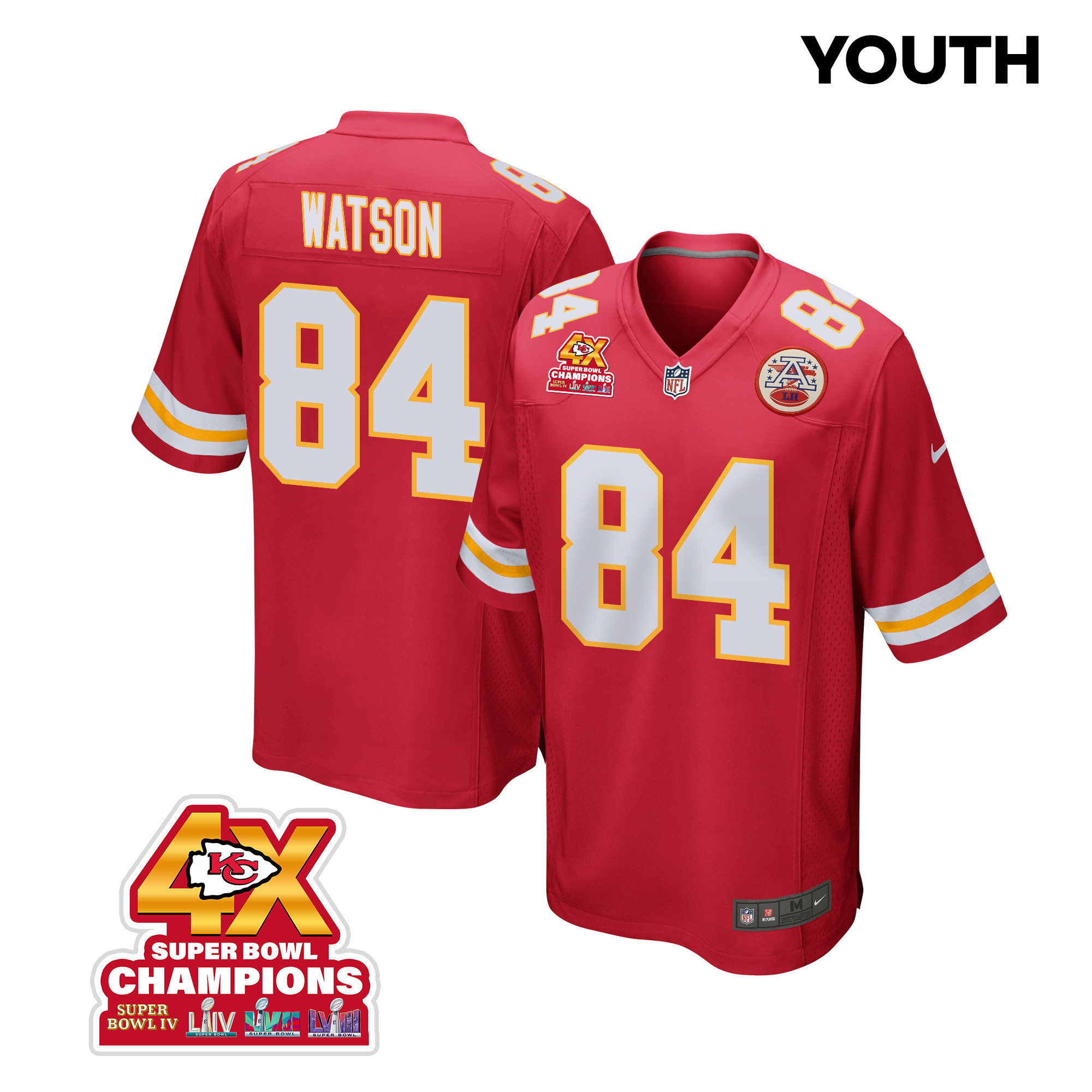 Justin Watson 84 Kansas City Chiefs Super Bowl LVIII Champions 4X Game Red NFL Jersey Youth
