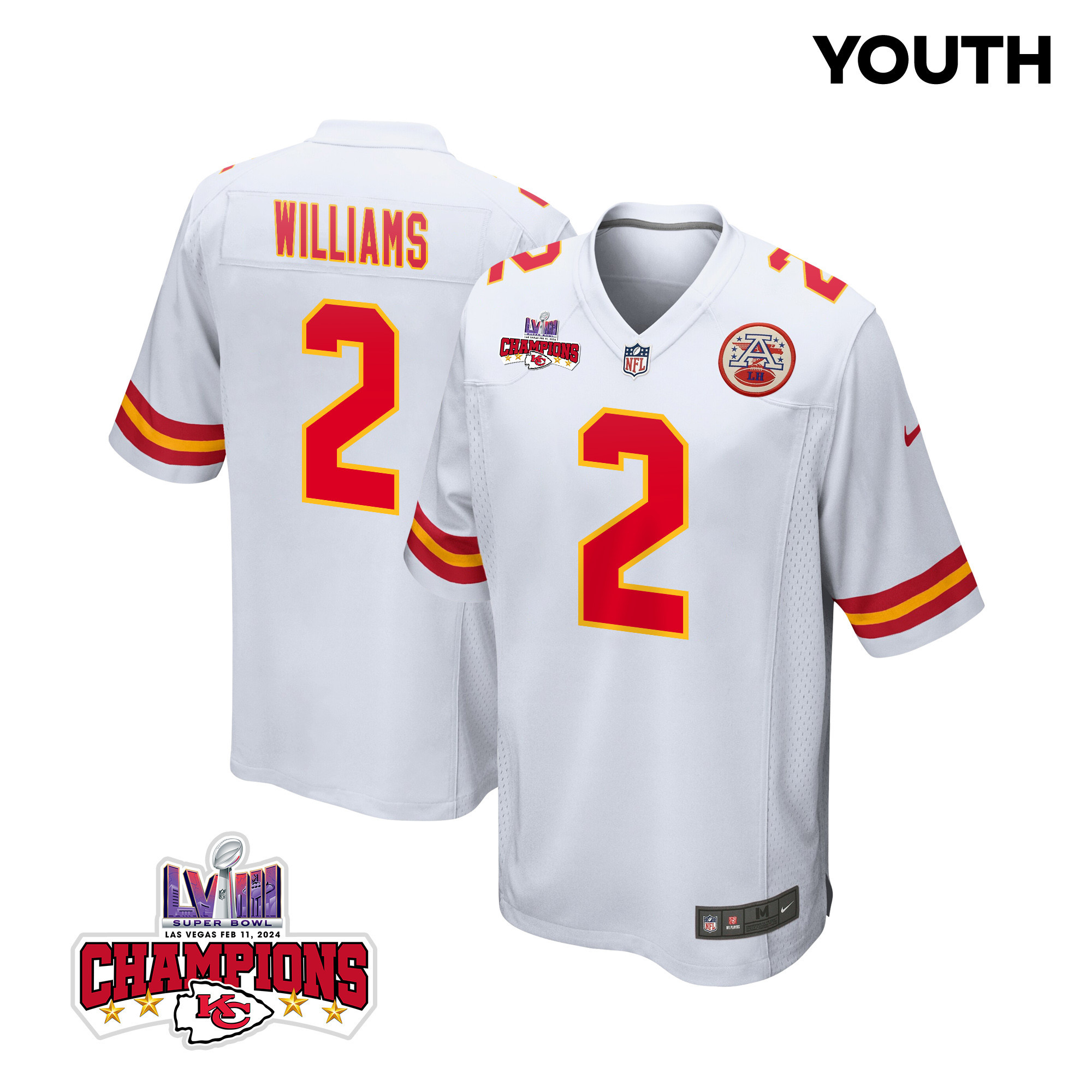 Joshua Williams 2 Kansas City Chiefs Super Bowl LVIII Champions 4 Stars Patch Game White NFL Jersey Youth