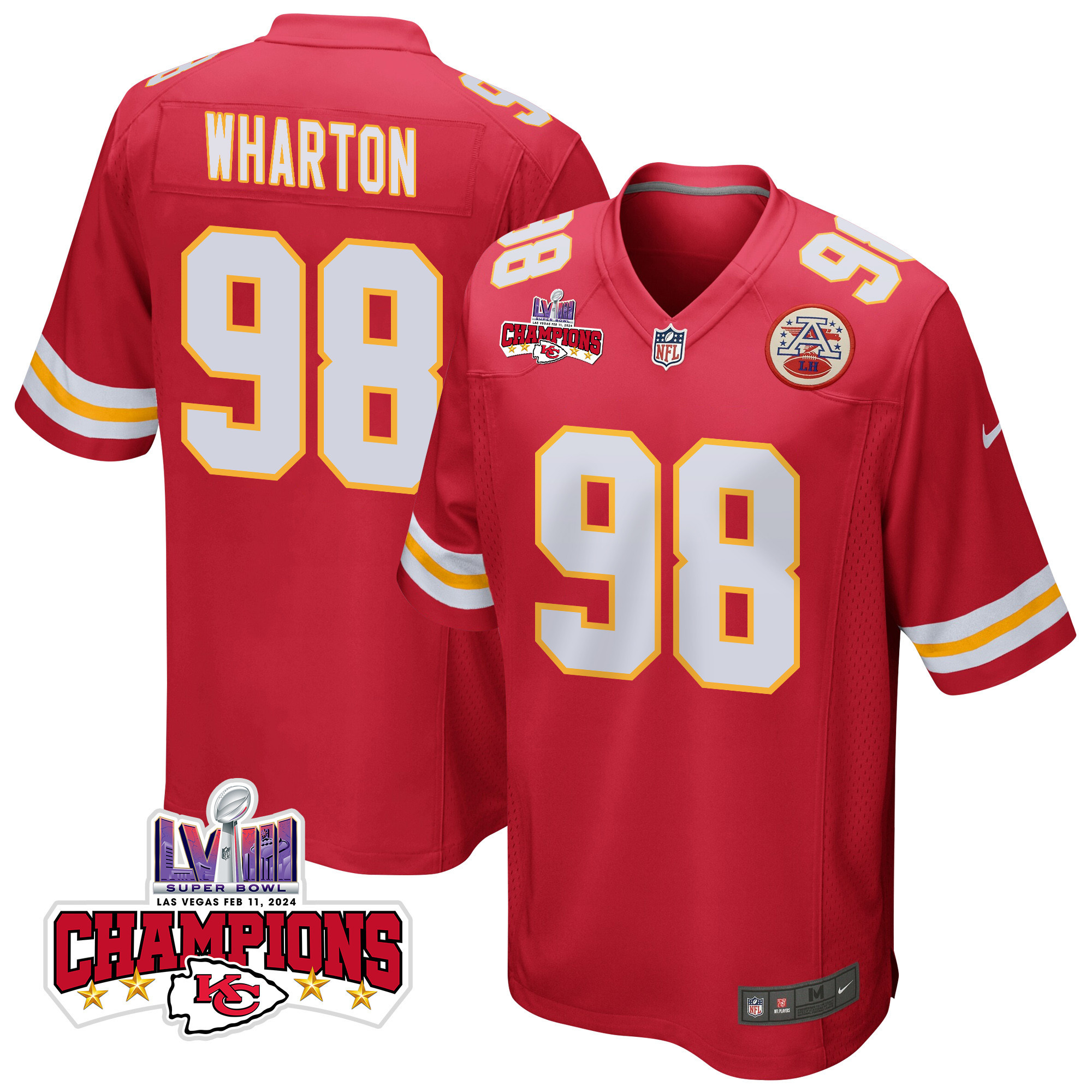 Tershawn Wharton 98 Kansas City Chiefs Super Bowl LVIII Champions 4 Stars Patch Game Red NFL Jersey Men's