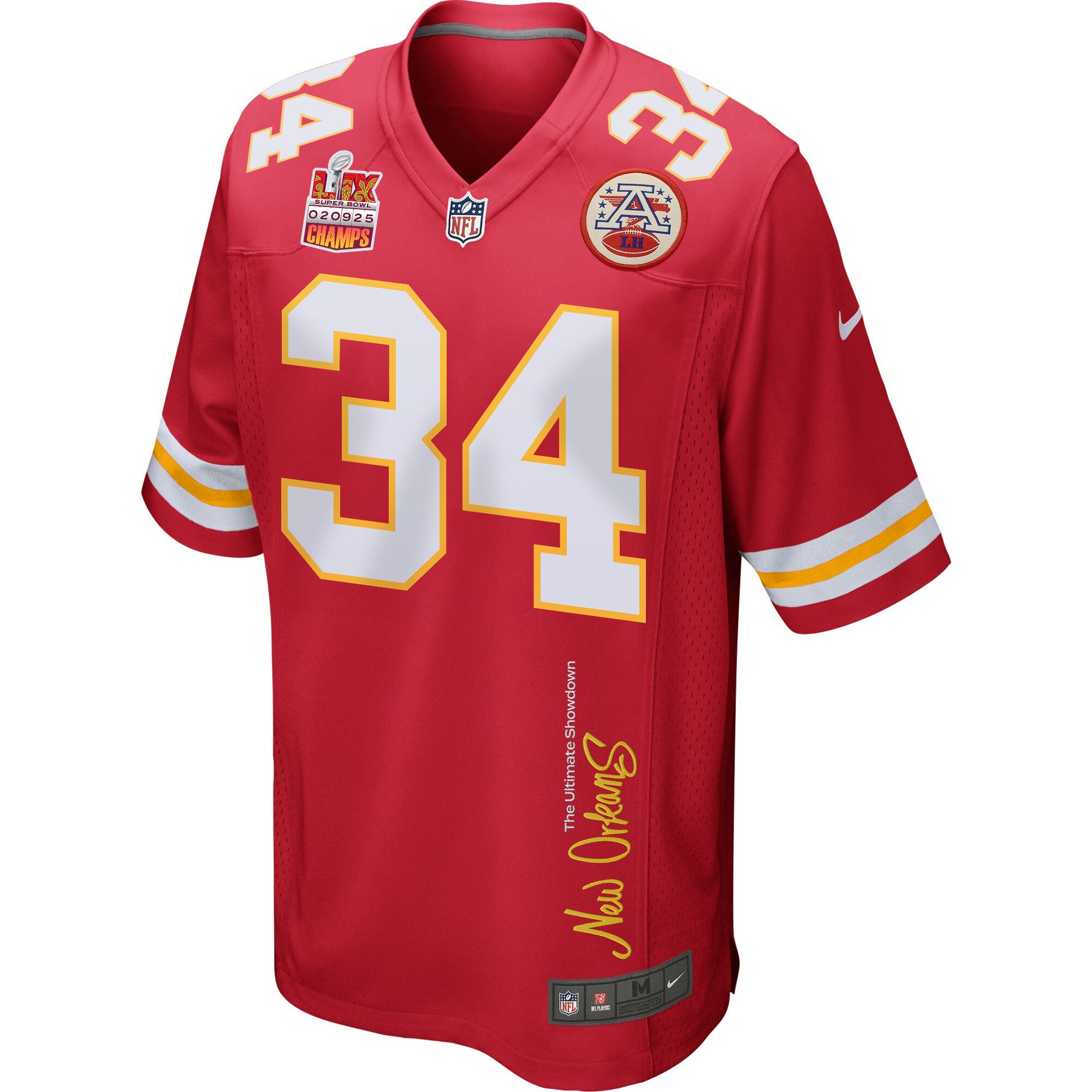Samaje Perine 34 Kansas City Chiefs Super Bowl LIX Champions Patch New Orleans The Ultimate Showdown' EMBROIDERED Game Red NFL Jersey Men's