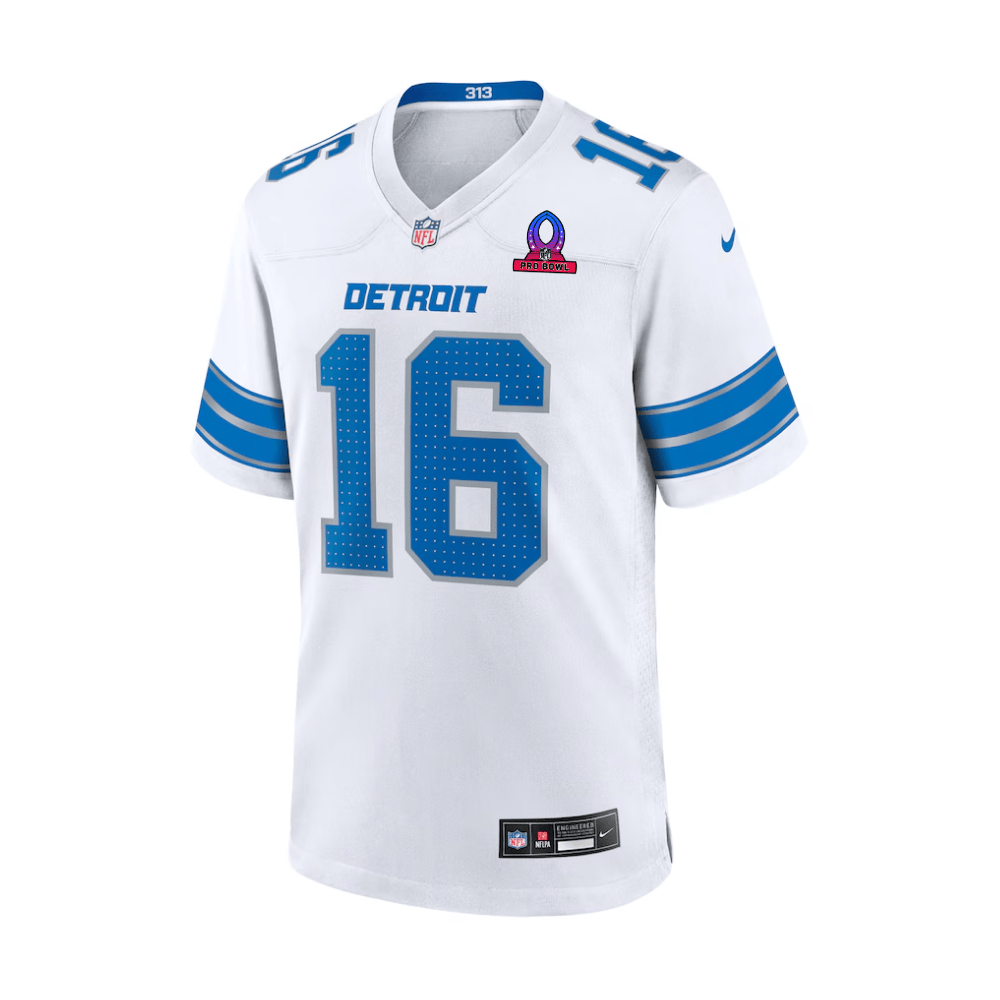 Jared Goff 16 Detroit Lions 2025 Pro Bowl Patch Game White NFL Jersey Men's