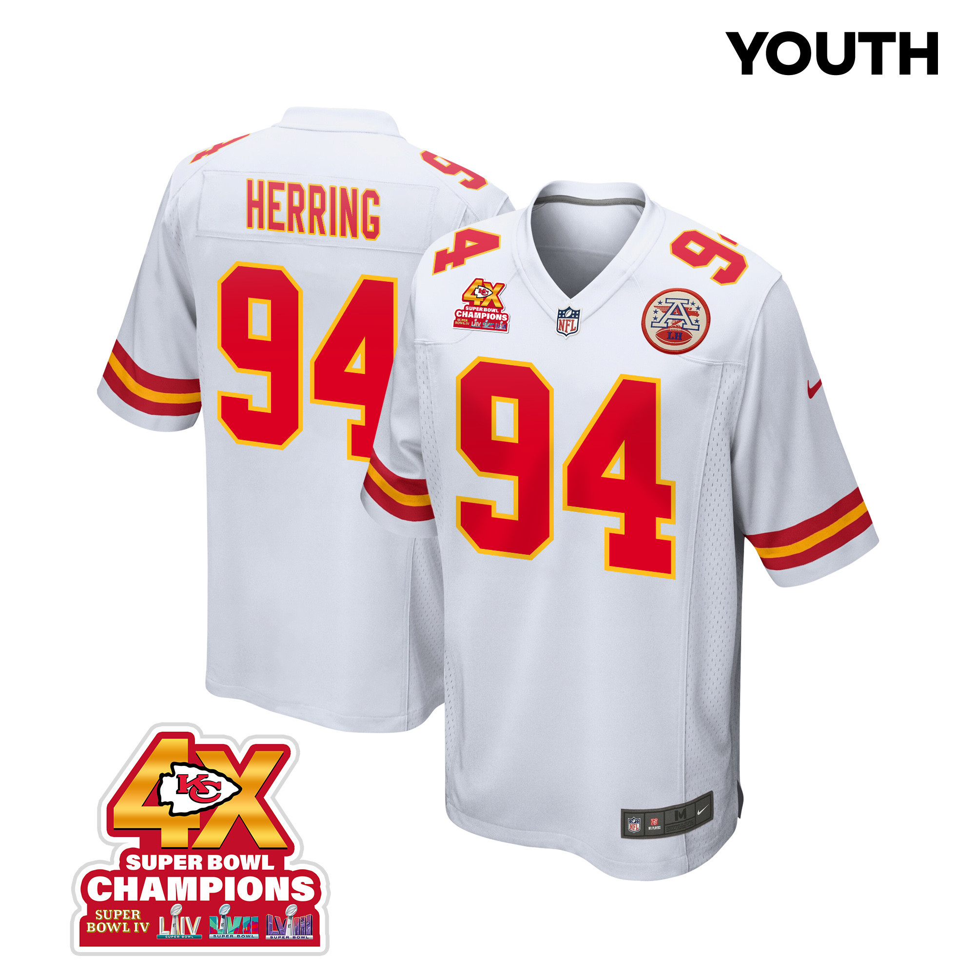 Malik Herring 94 Kansas City Chiefs Super Bowl LVIII Champions 4X Game White NFL Jersey Youth