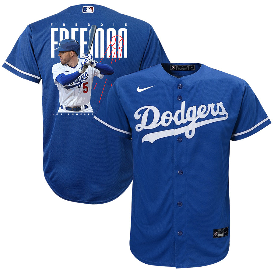 Freddie Freeman 5 Los Angeles Dodgers Signed Logo 2023 Alternate Player Royal MLB Jersey Youth