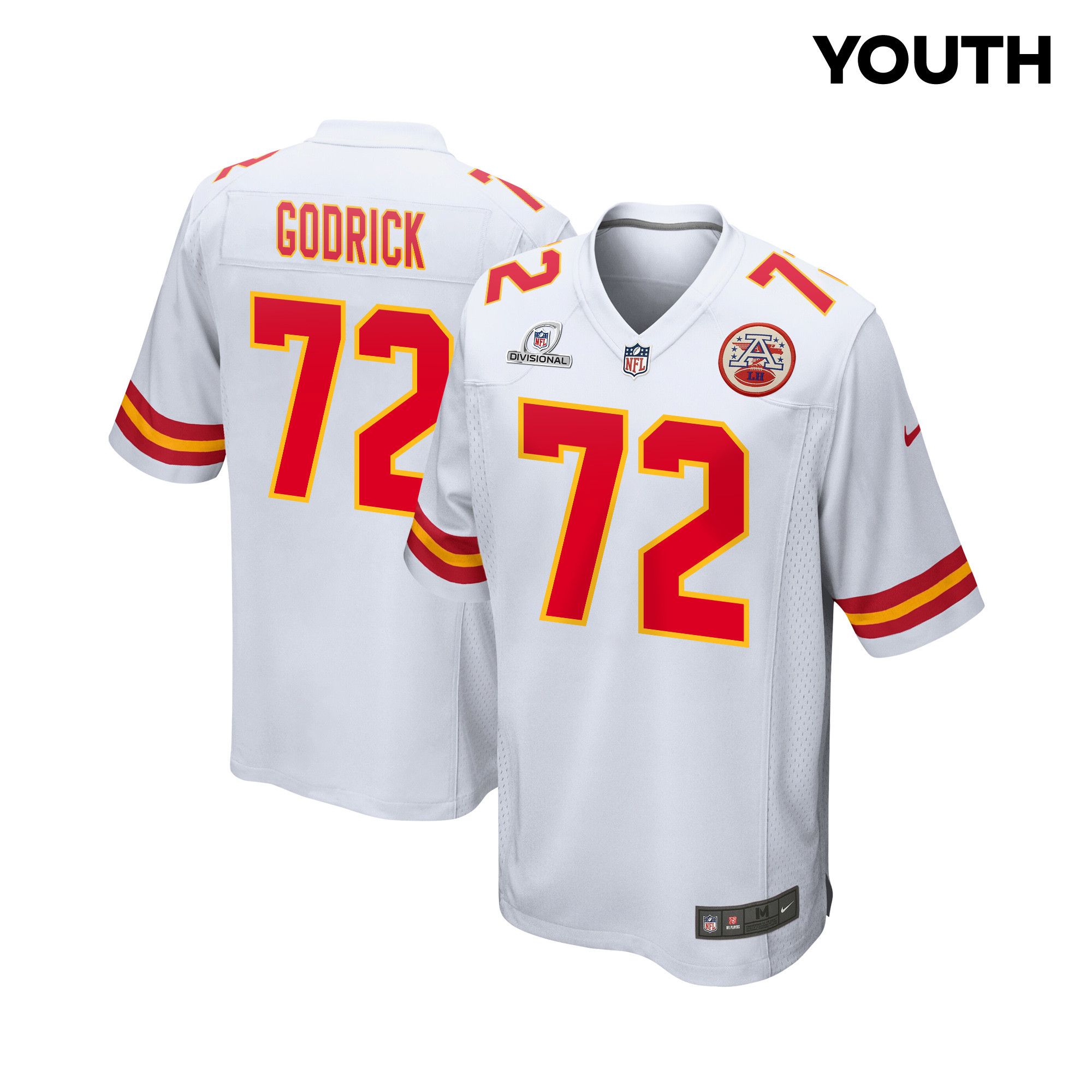 Chukwuebuka Godrick 72 Kansas City Chiefs Super Bowl LVIII Patch Game White NFL Jersey Youth