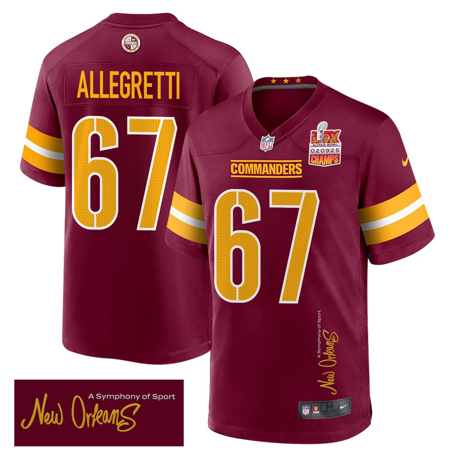 Nick Allegretti 67 Washington Commanders Super Bowl LIX Champions Patch New Orleans A Symphony of Sport' EMBROIDERED Game Burgundy NFL Jersey Men's