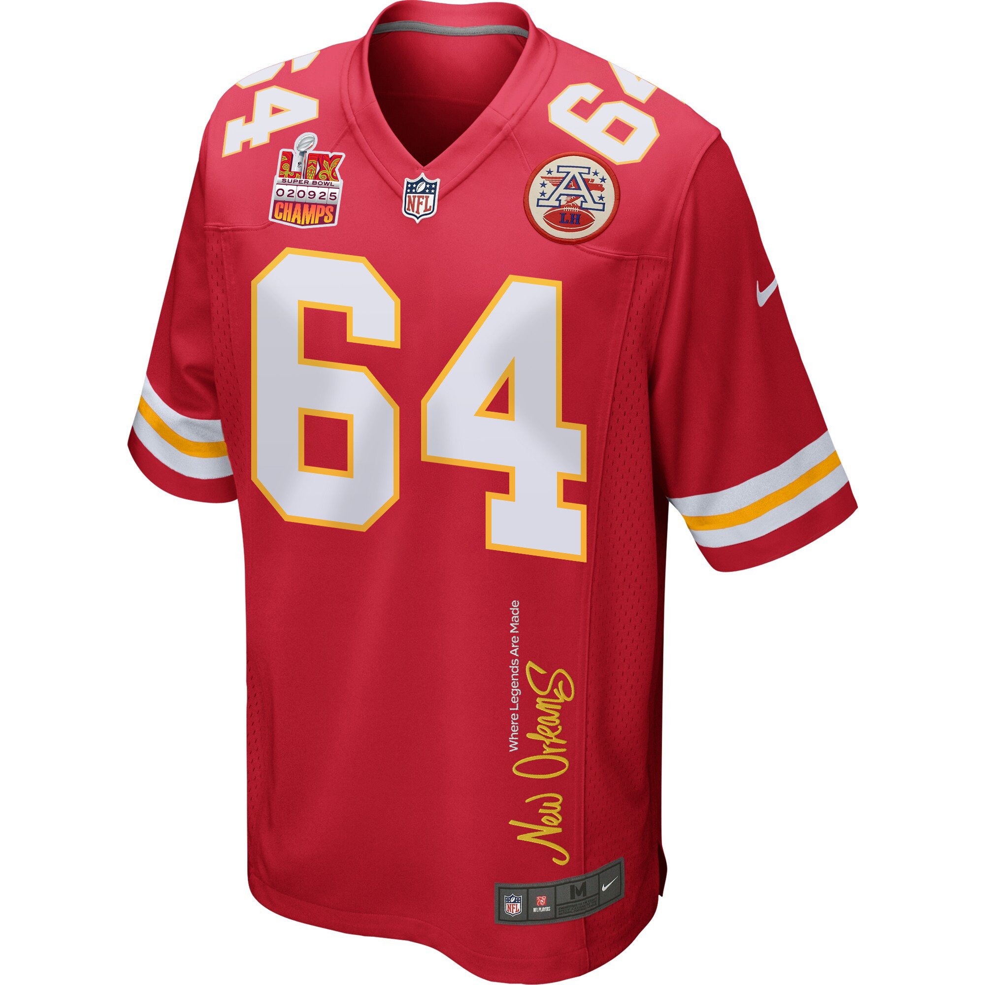 Wanya Morris 64 Kansas City Chiefs Super Bowl LIX Champions Patch New Orleans Where Legends Are Made' EMBROIDERED Game Red NFL Jersey Men's