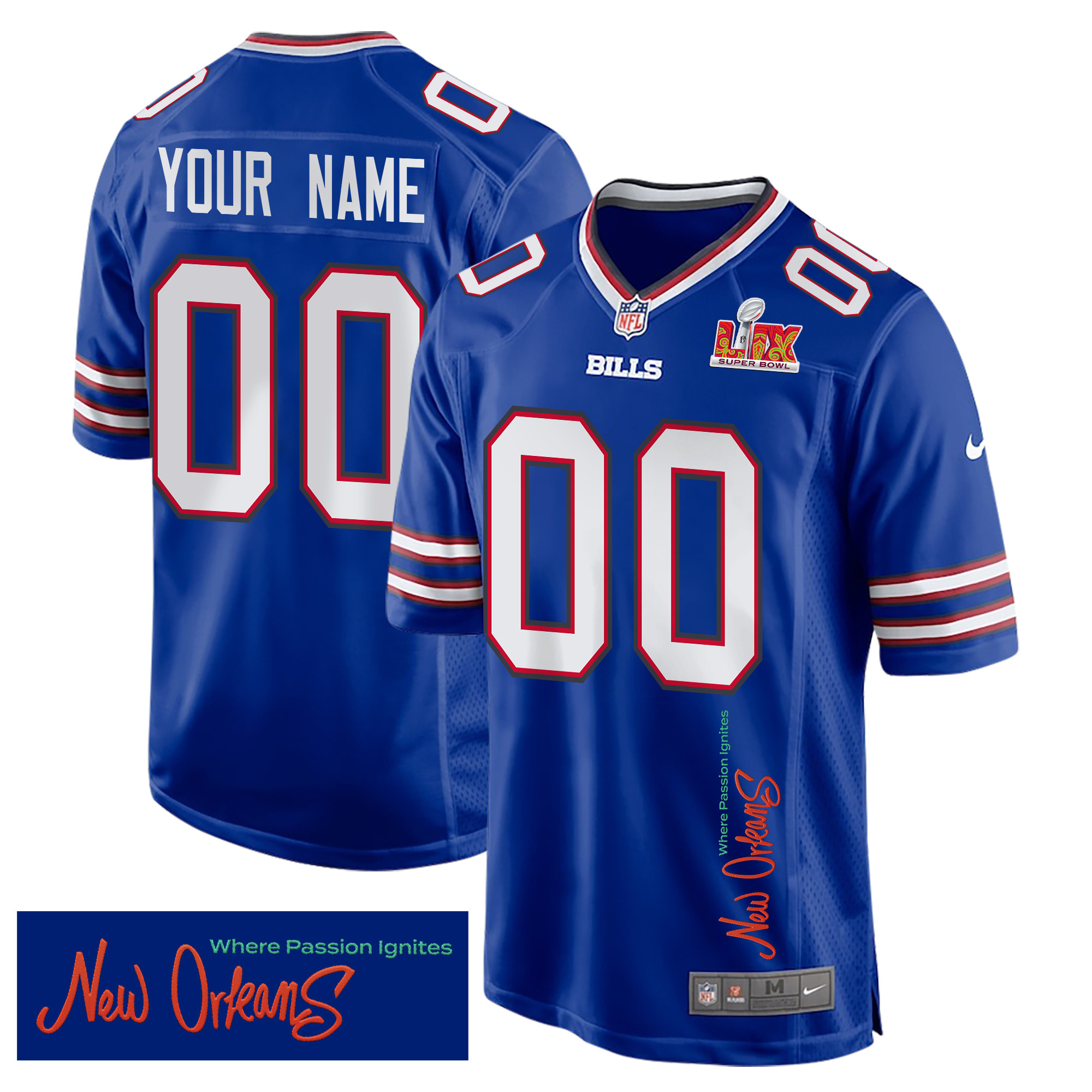 Buffalo Bills Super Bowl LIX New Orleans Where Passion Ignites' EMBROIDERED Game Custom Royal NFL Jersey Men's