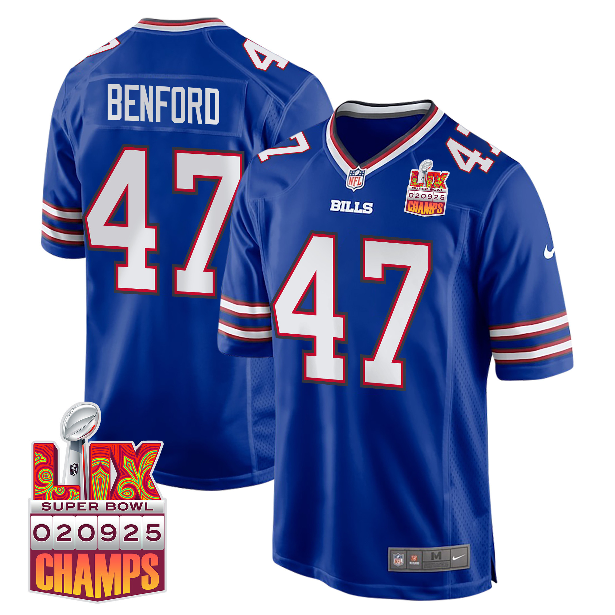 Christian Benford 47 Buffalo Bills Super Bowl LIX Champions Patch Game Royal NFL Jersey Men's