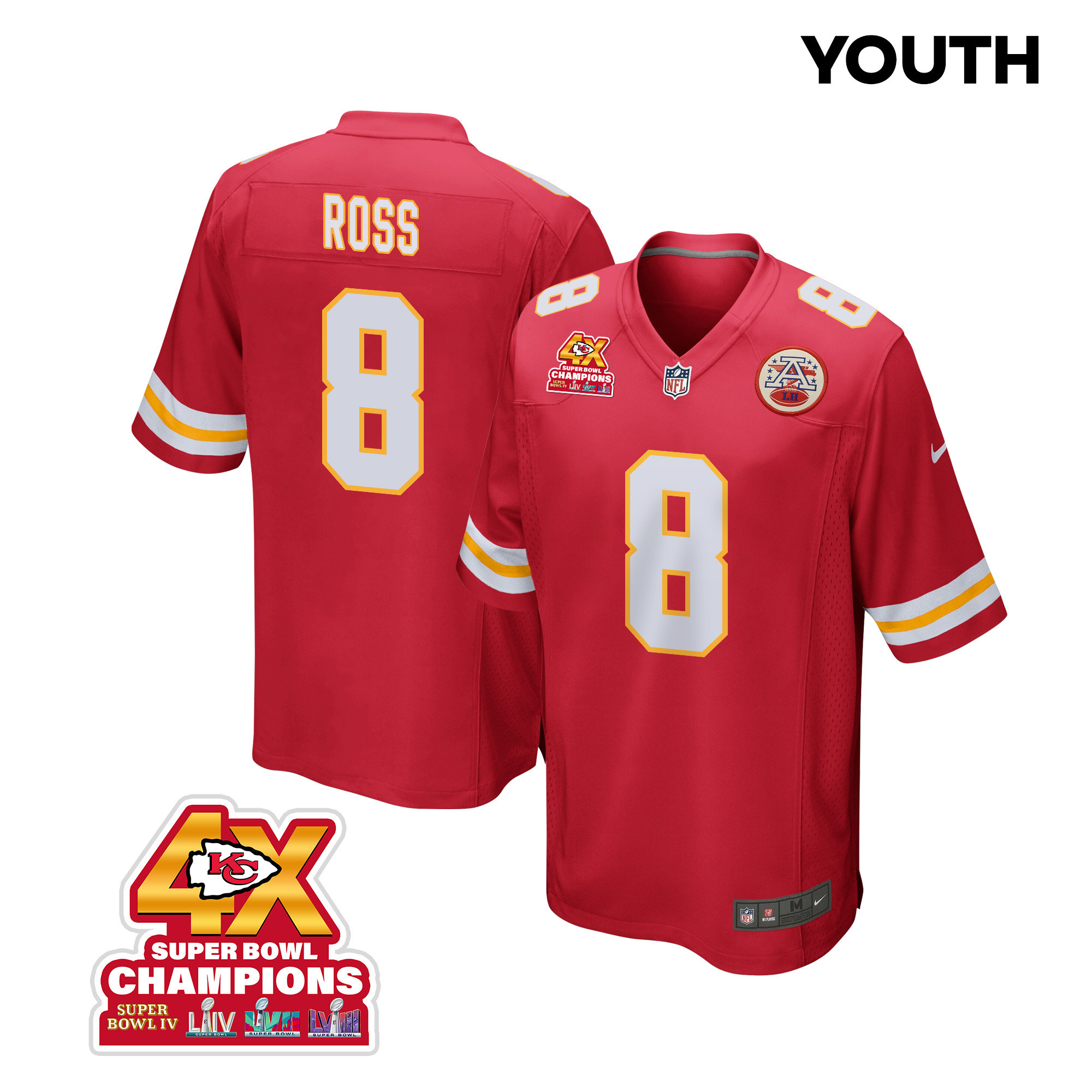 Justyn Ross 8 Kansas City Chiefs Super Bowl LVIII Champions 4X Game Red NFL Jersey Youth