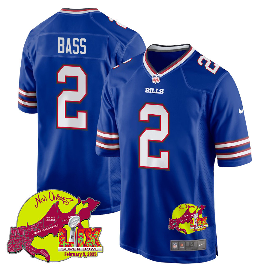 Tyler Bass 2 Buffalo Bills Super Bowl LIX New Orleans Patch Game Royal NFL Jersey Men's